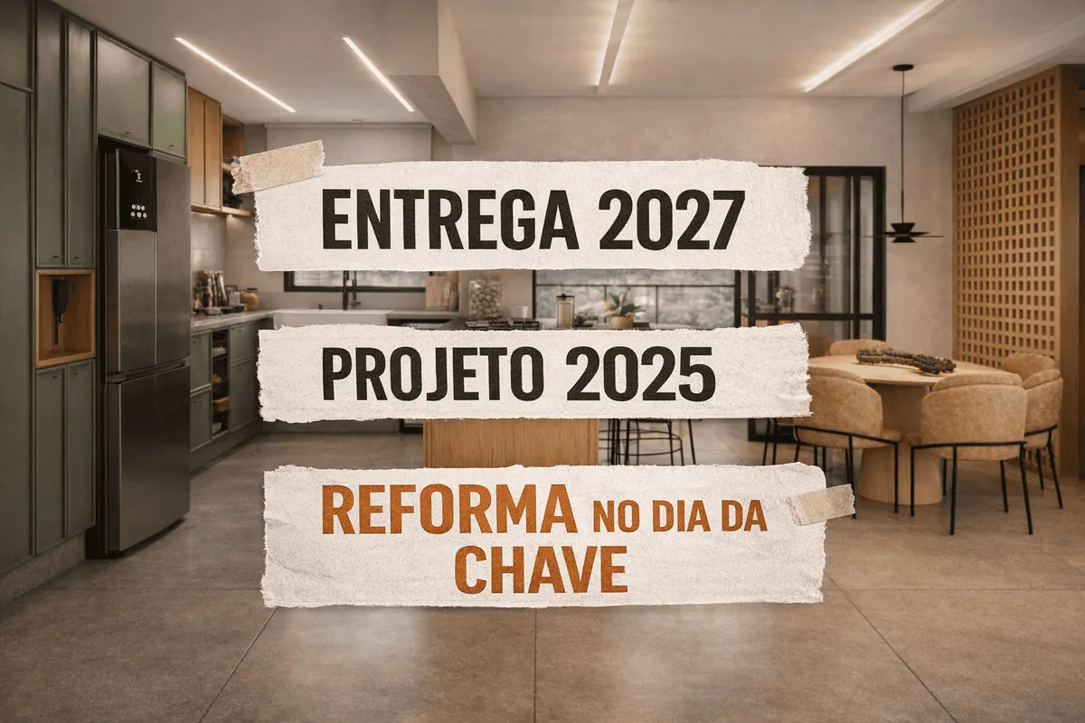 Render da cozinha integrada com marcenaria verde e ilha de madeira, com selos de Entrega 2027 e Projeto 2025 sobrepostos