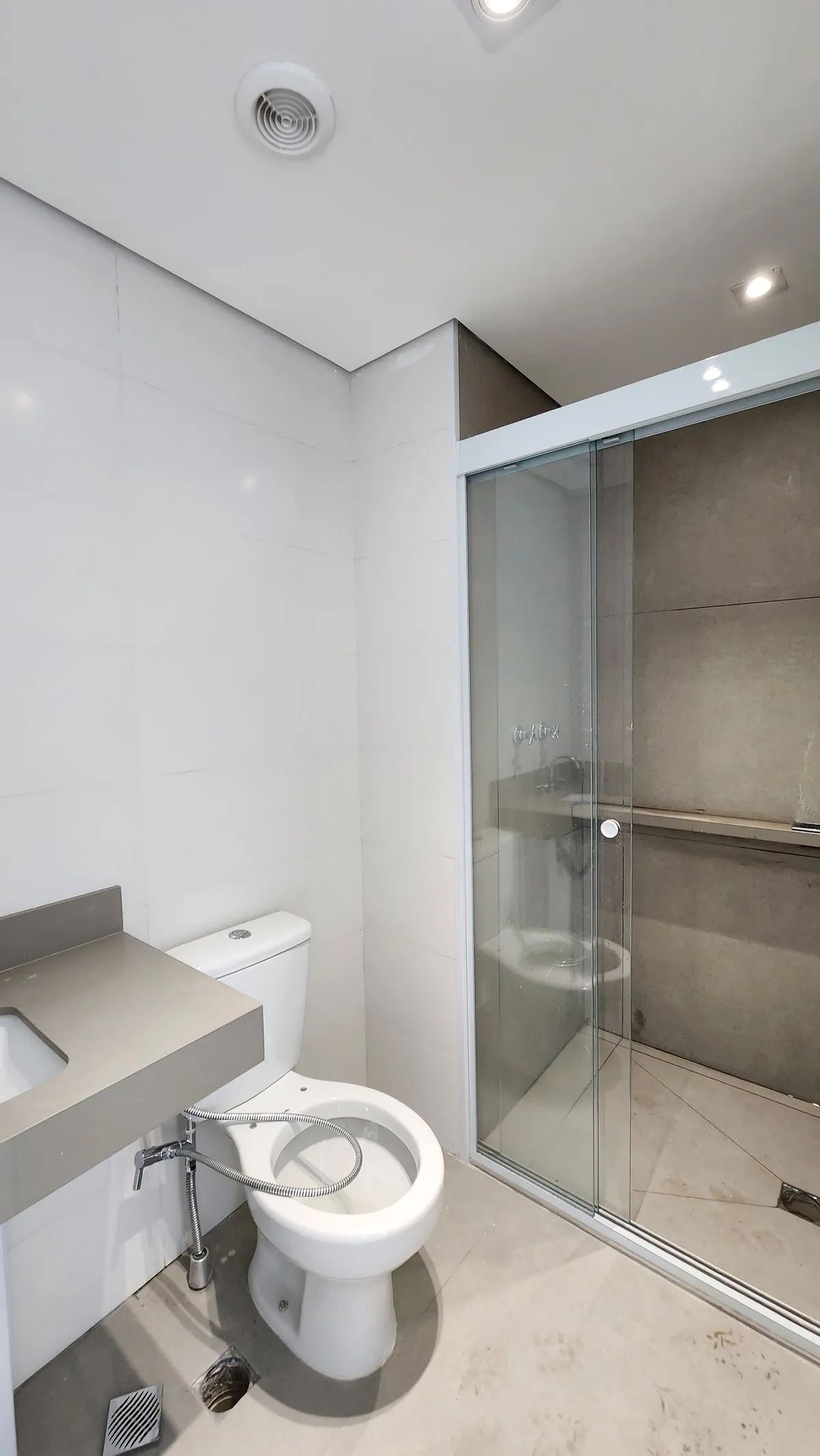 Banheiro com box de vidro, revestimento cinza, vaso sanitário e bancada, antes da reforma