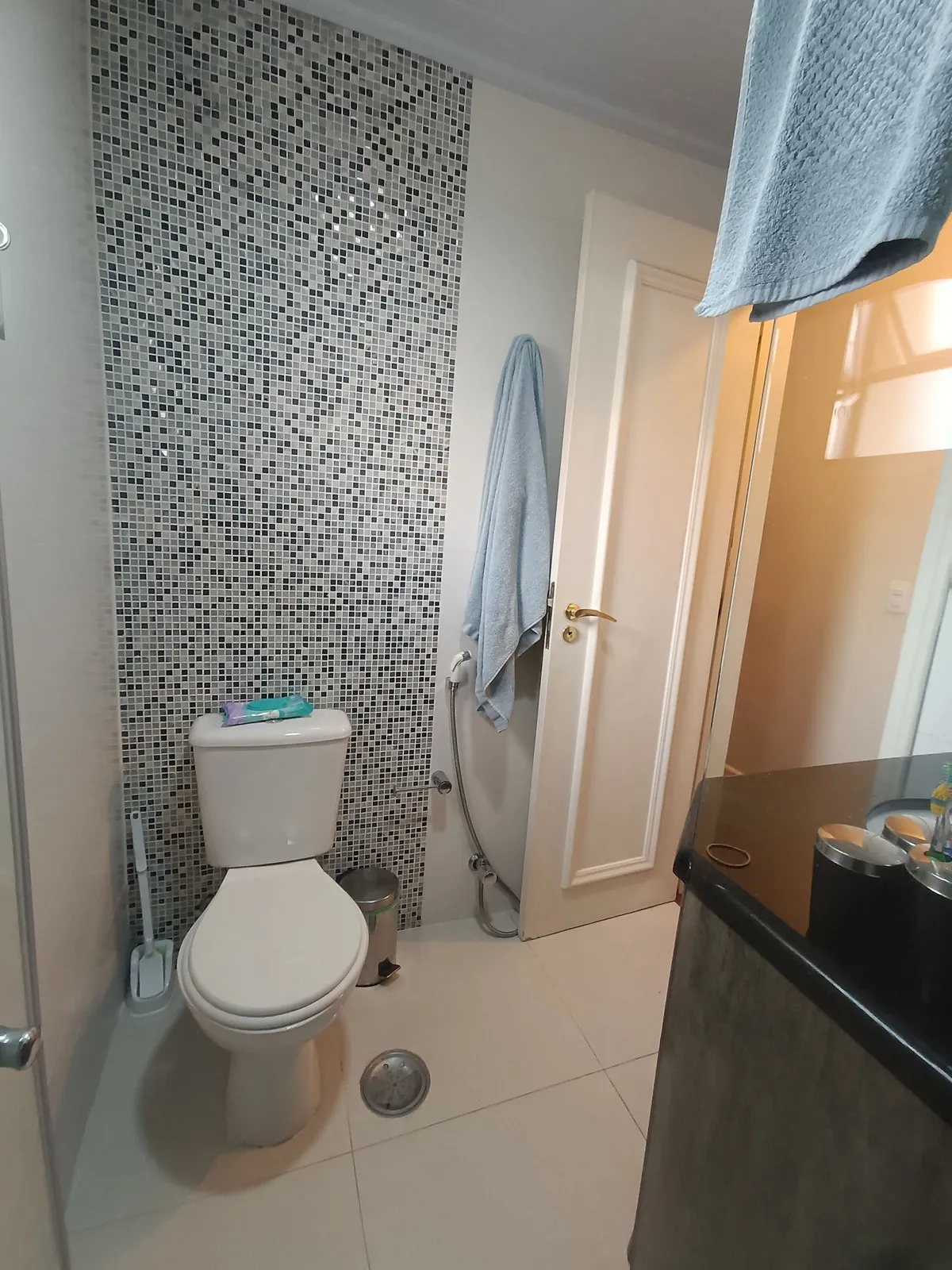 Lavabo com parede de pastilha prateada, vaso, bancada de granito preto e porta branca, antes da reforma