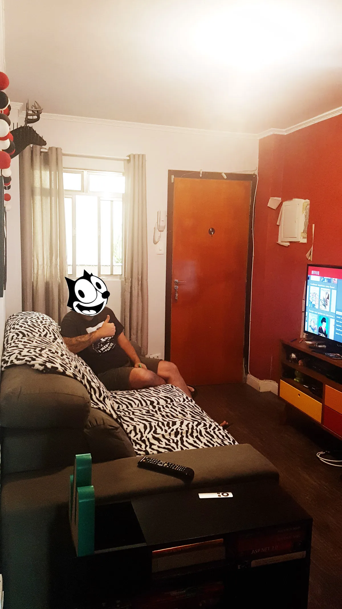 Sala pequena com parede vermelha, porta de madeira, sofá cinza com manta de zebra e TV em rack colorido, antes da reforma