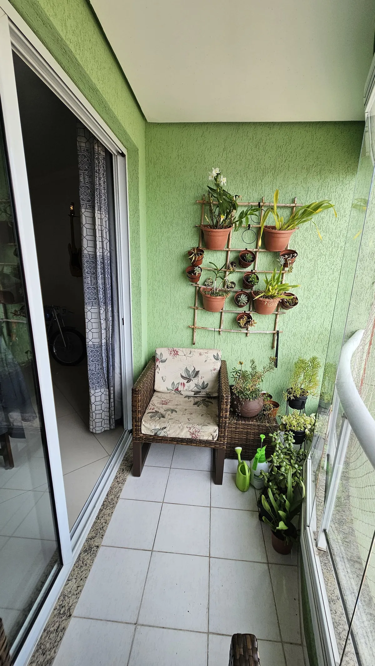 Varanda com parede verde, treliça de vasos e orquídeas e poltrona de vime, antes da reforma