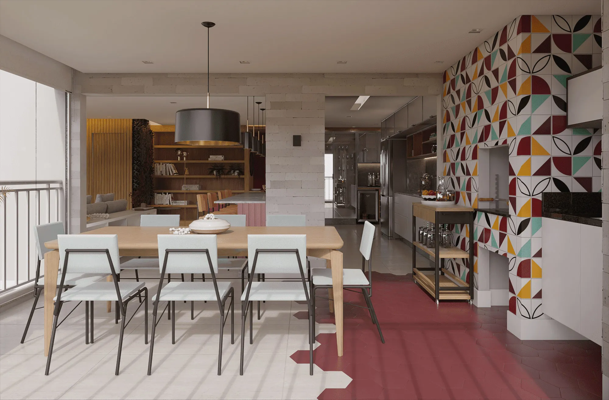Sala de jantar com mesa branca, painel geométrico colorido e piso vermelho