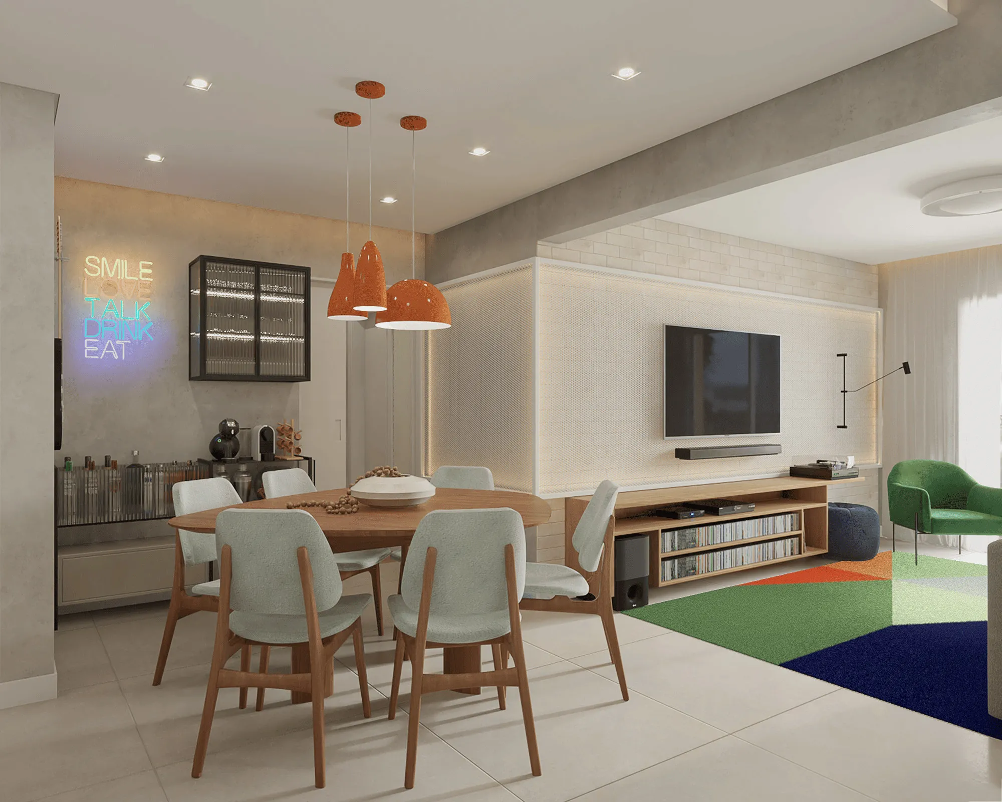 Sala de jantar com pendentes coloridos, painel de neon e TV na parede