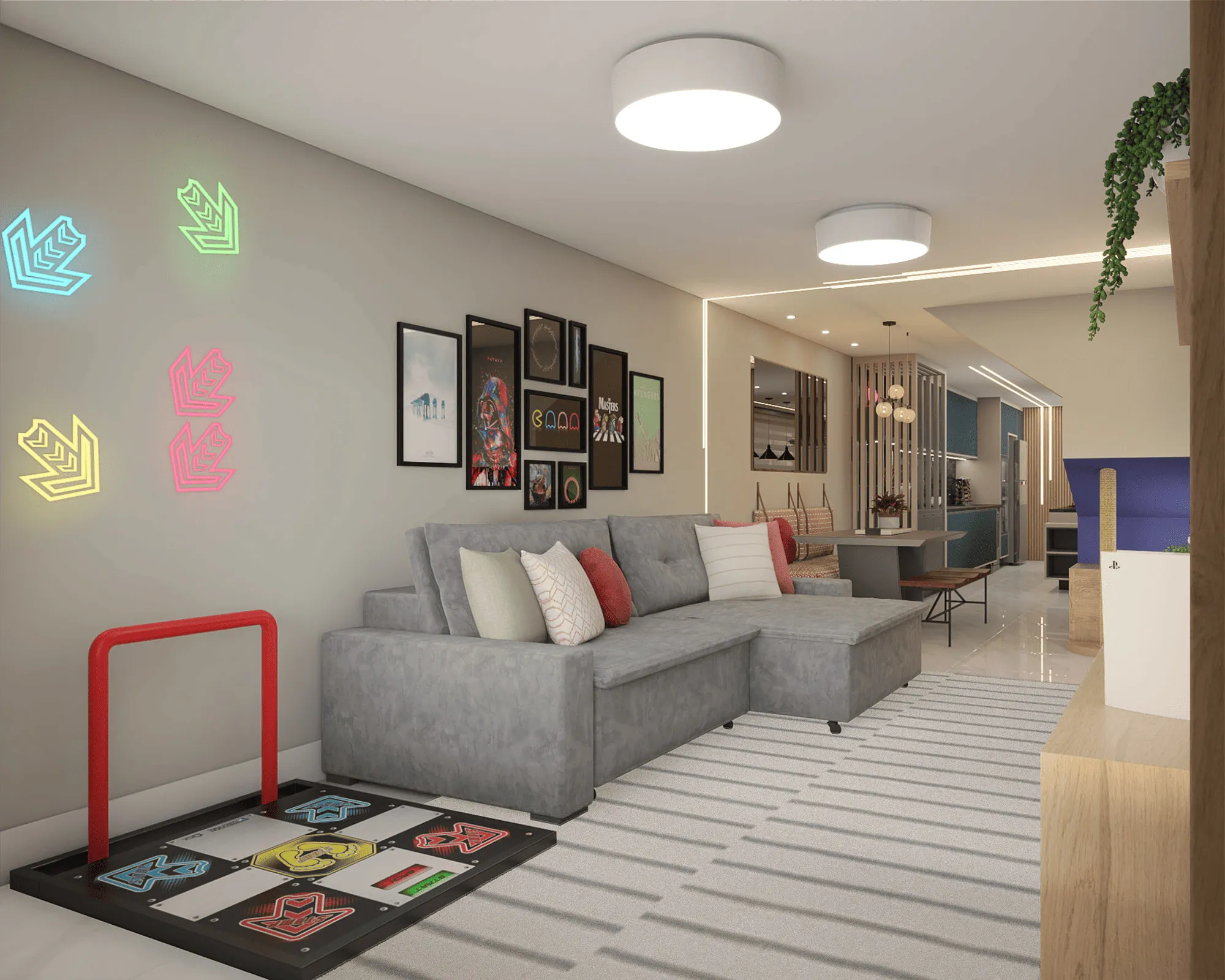 Sala de estar com sofá cinza, letreiro de neon, galeria de quadros e tapete gráfico