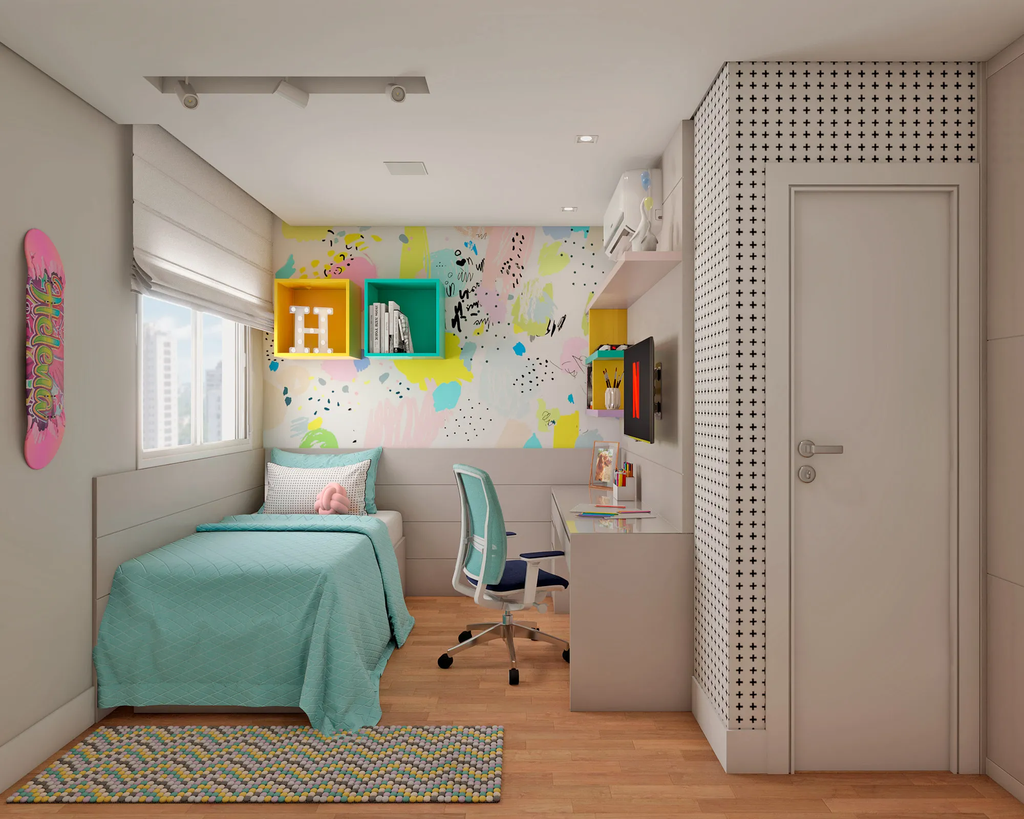 Quarto de adolescente com cama turquesa, painel perfurado, skate na parede e mesa de estudo