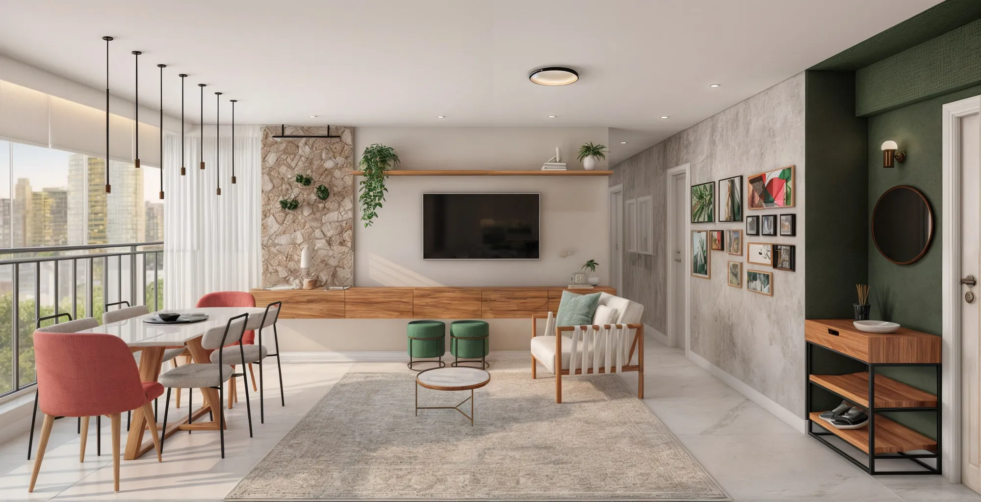 Sala de estar e jantar integrada com cadeiras coloridas, pendentes e varanda