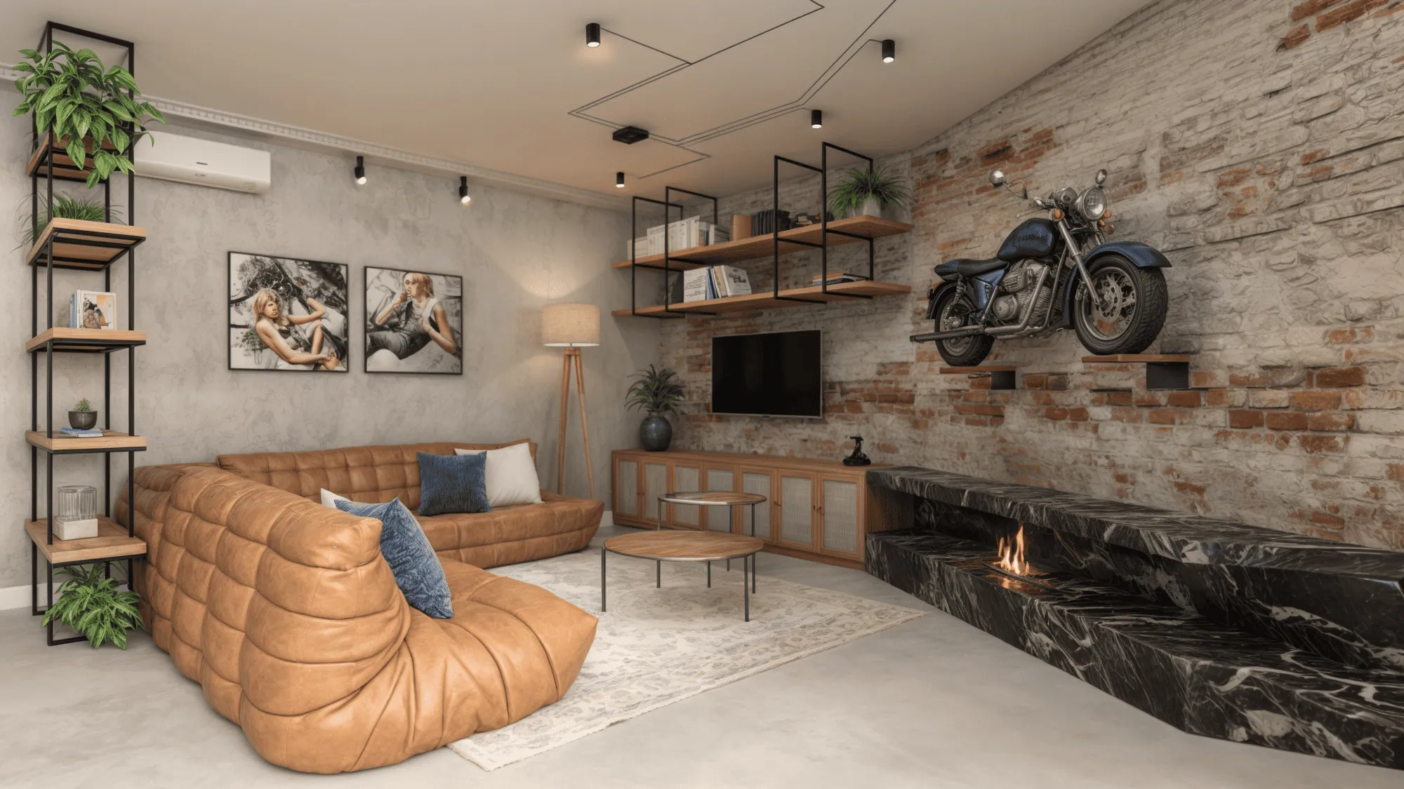 Sala de estar com sofá de couro caramelo, parede de tijolo, moto exposta e lareira em mármore preto
