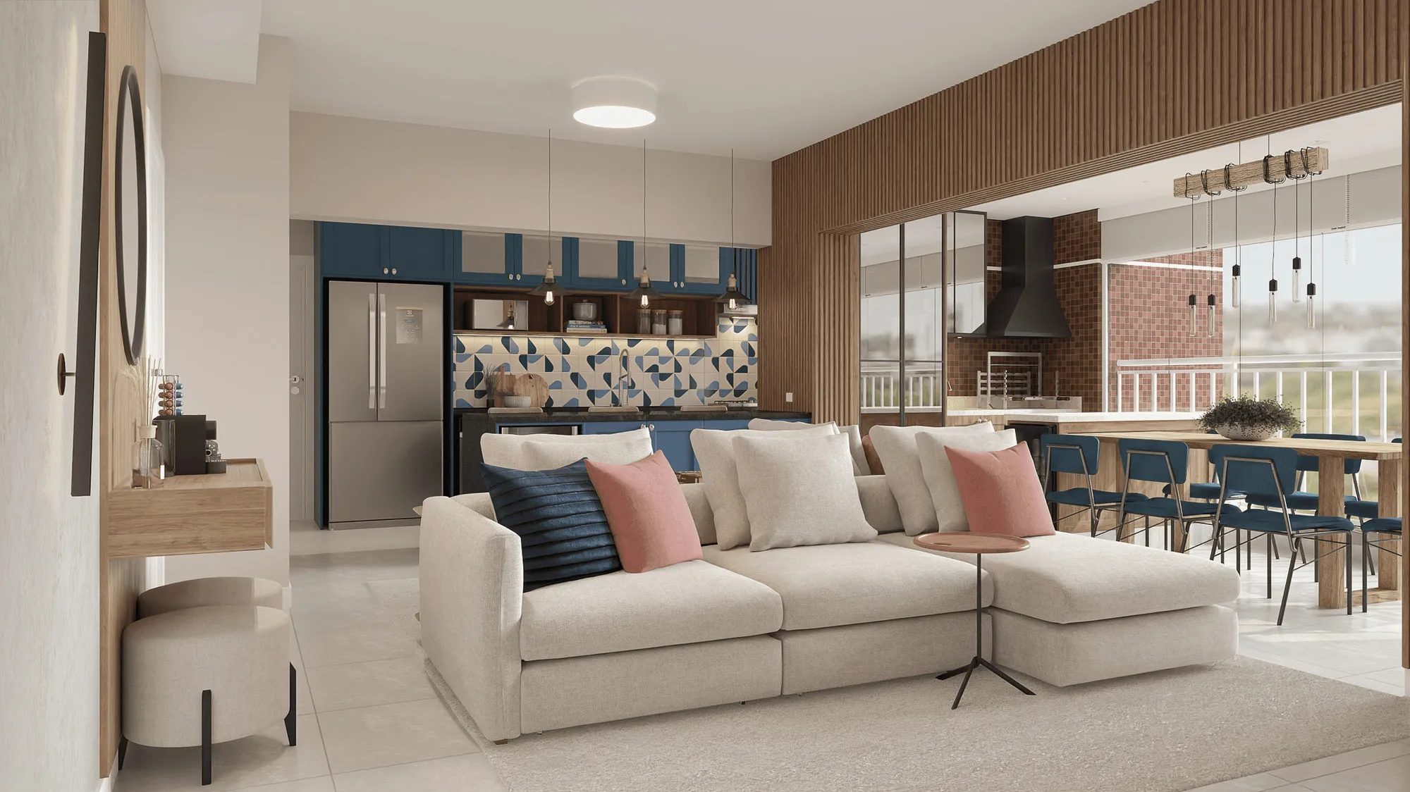 Living integrado com cozinha e varanda — projeto Brisa e Amor, São Bernardo do Campo