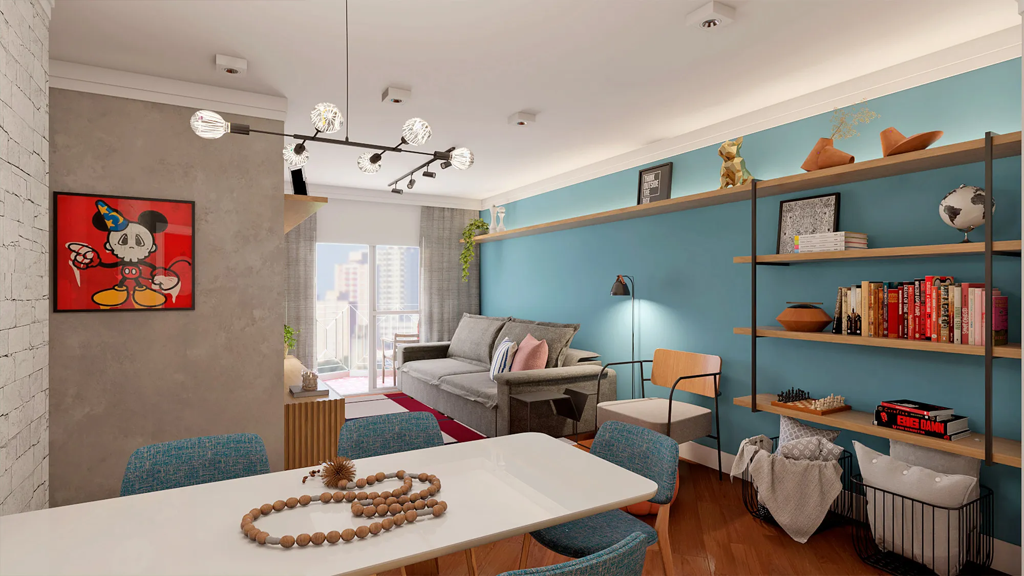 Sala de estar com parede azul e prateleiras, quadro pop e mesa branca