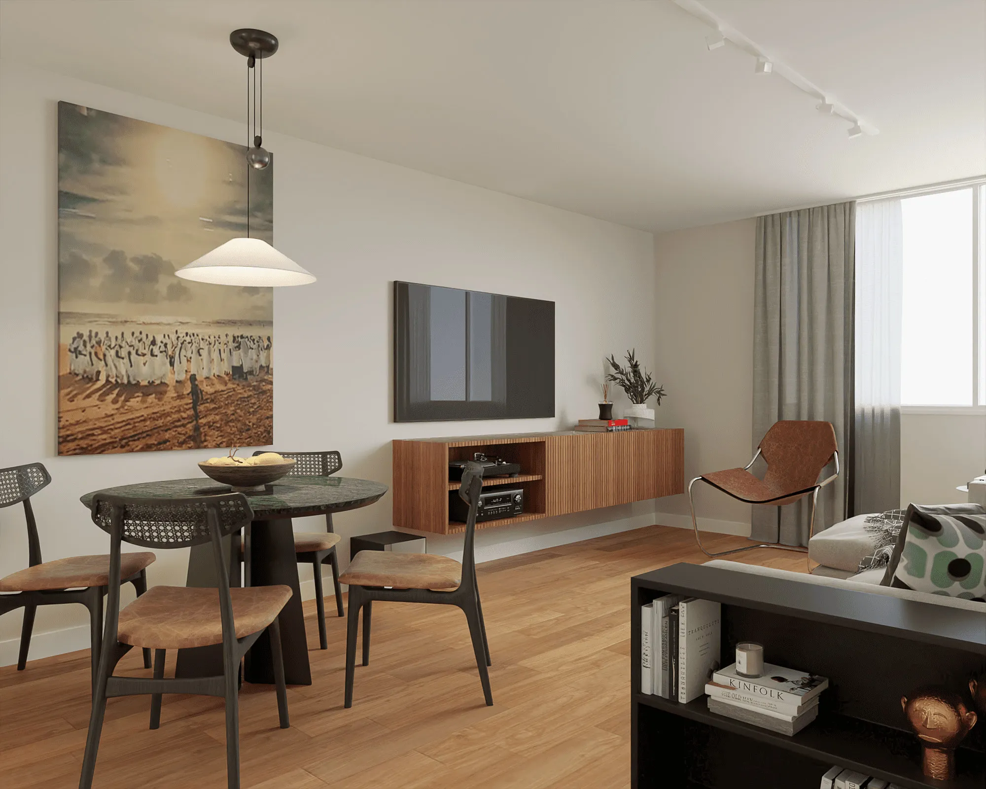 Sala de jantar minimalista com mesa redonda, buffet de madeira e tons neutros