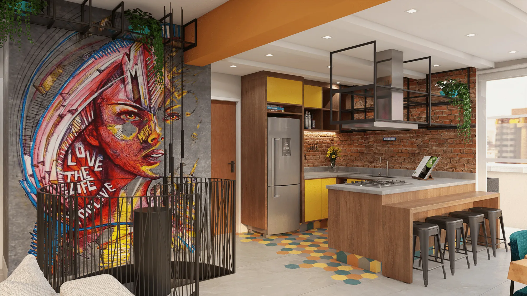 Cozinha com mural grafitado, bancada e piso colorido sobre parede de tijolo