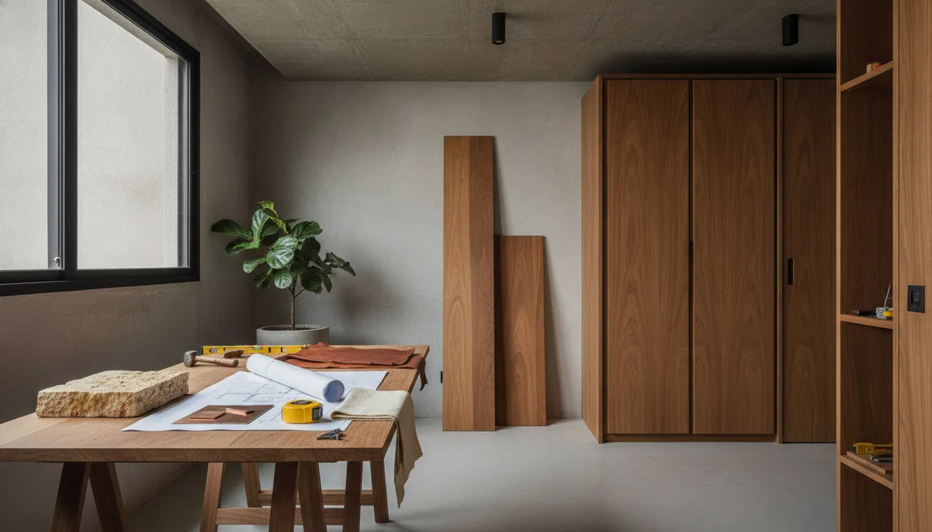 Apartamento brasileiro em obra, concreto aparente e marcenaria de madeira quente inacabada, amostras e desenho sobre a mesa