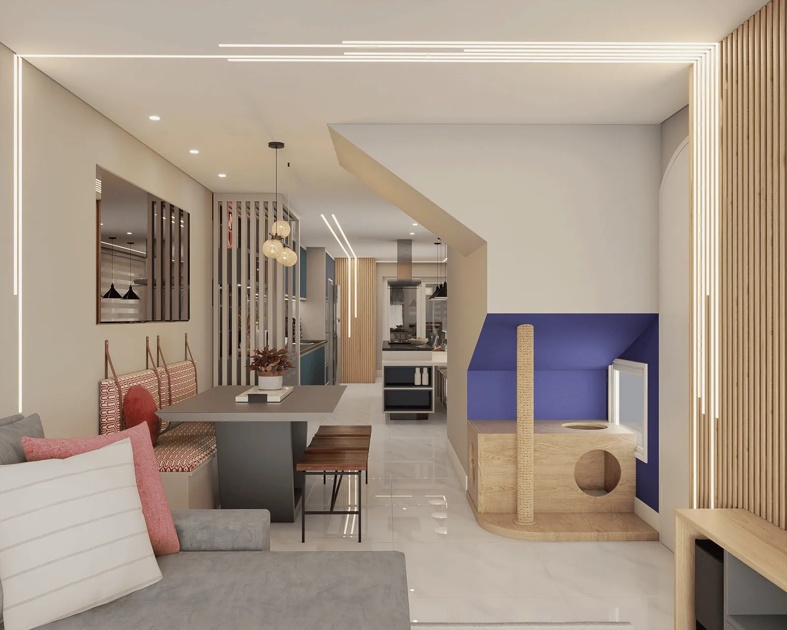 Sala e cozinha integradas com sofá cinza, banqueta de estampa geométrica coral, mesa de jantar cinza e torre para gatos em madeira