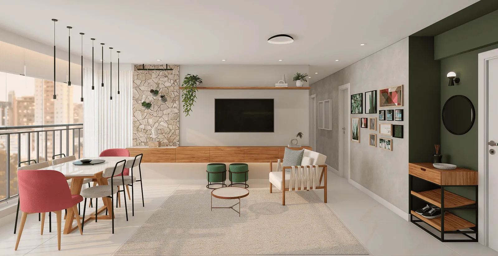 Sala de estar e jantar integrada com mesa branca, cadeiras rosa e bege, painel de pedra com TV e parede verde com quadros