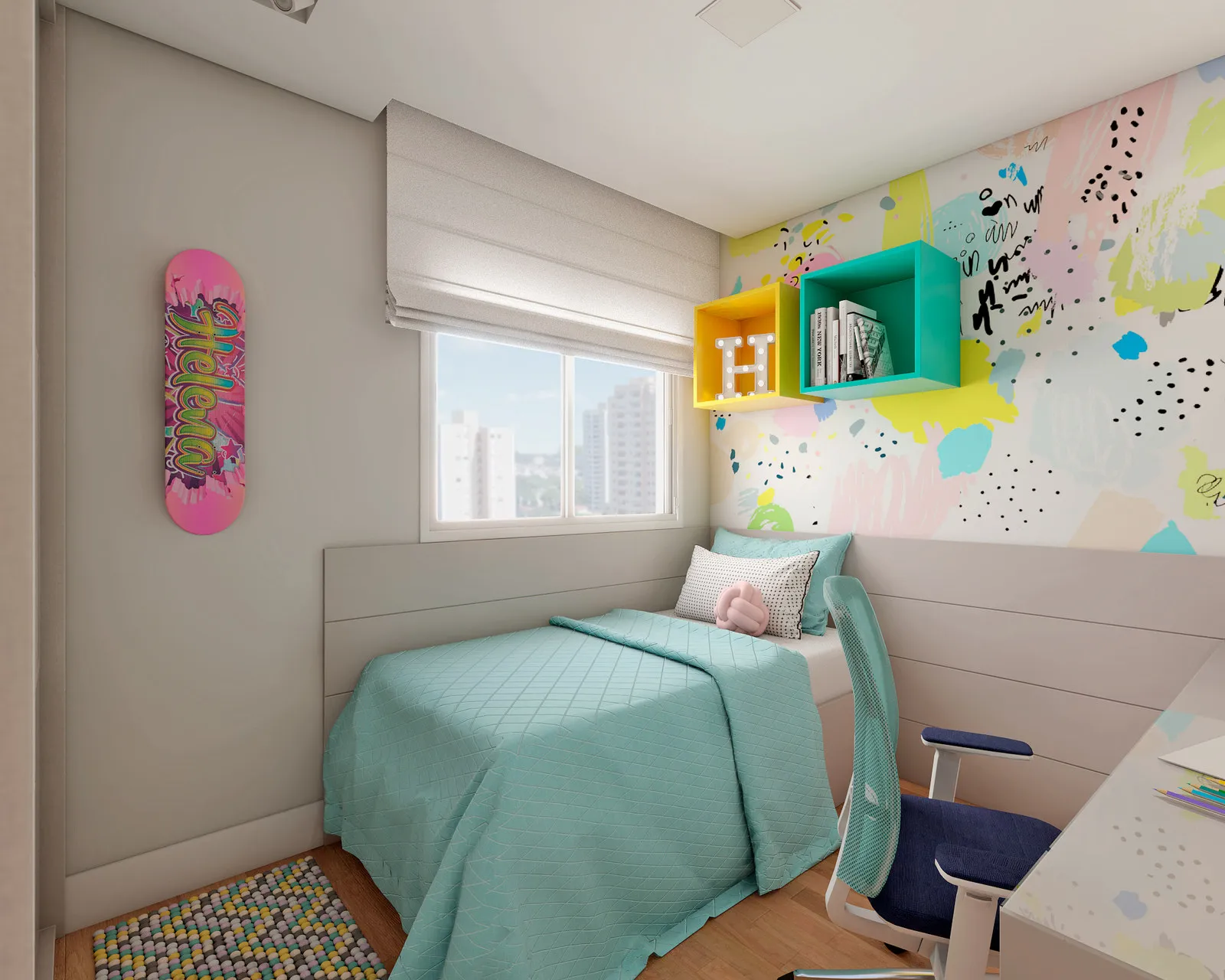 Quarto de menina com cama e colcha turquesa, nichos suspensos amarelo e verde-água, skate personalizado na parede e papel de parede colorido