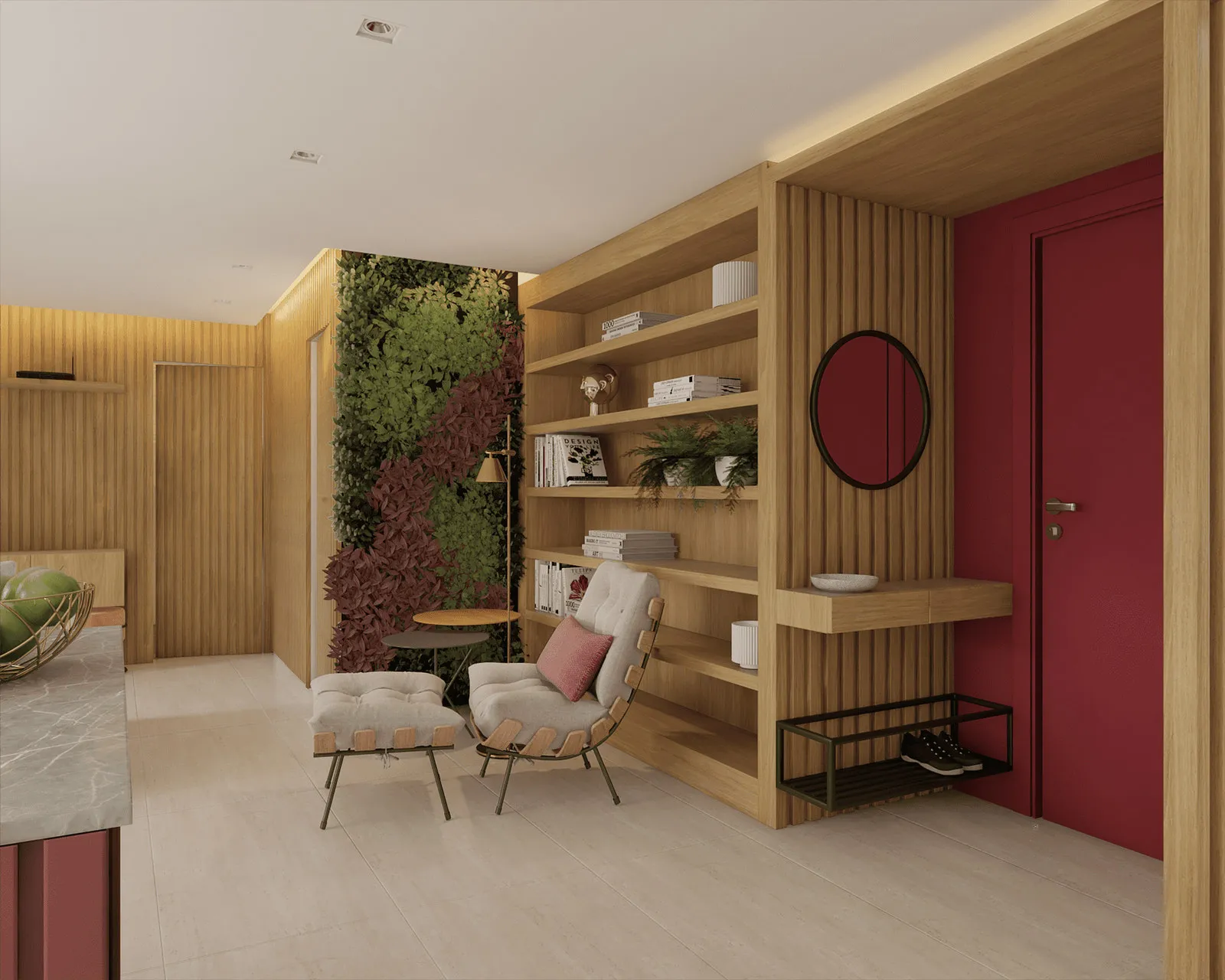 Hall de entrada com painel ripado de madeira, estante com livros, jardim vertical, espelho redondo e porta vermelha