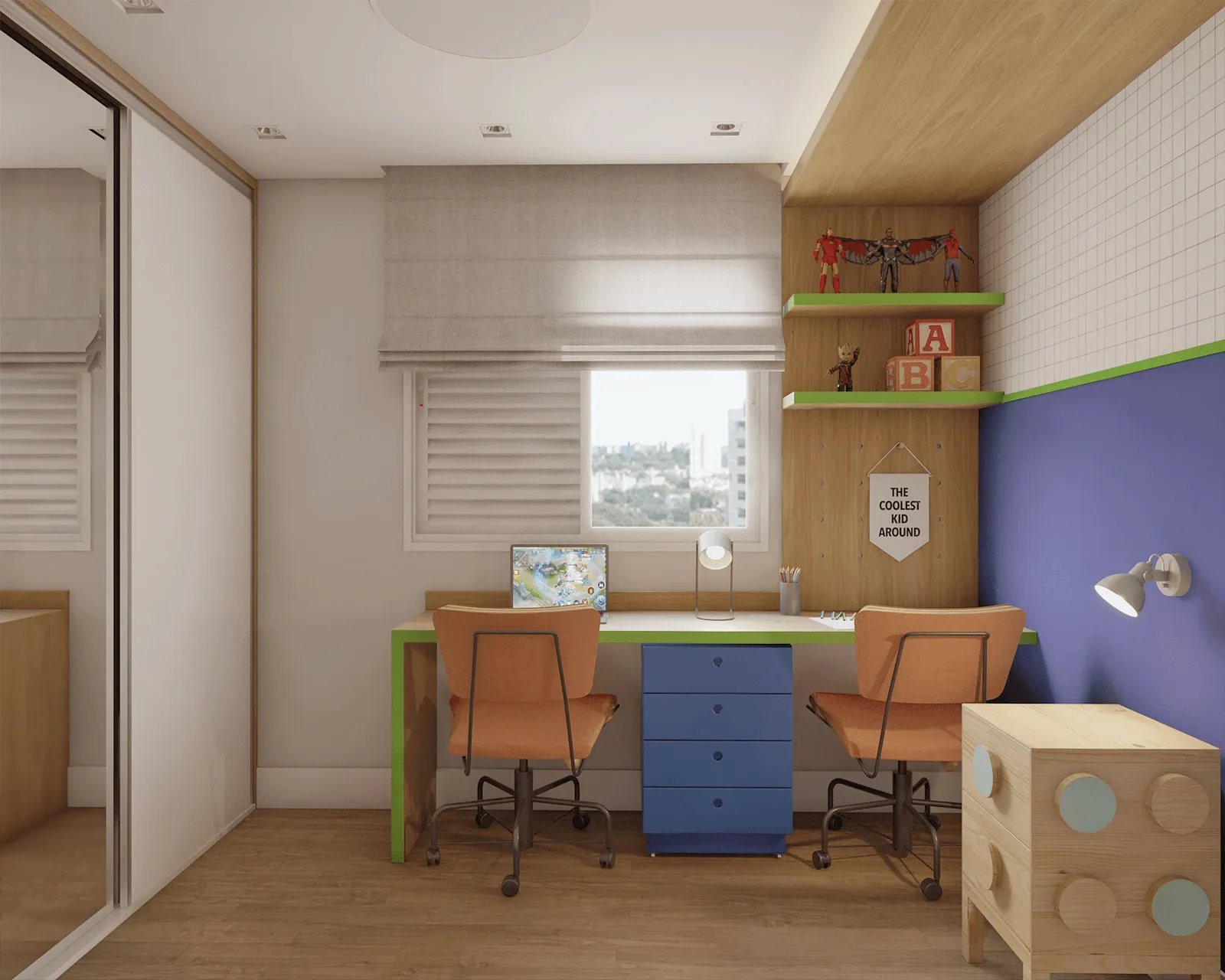 Quarto infantil com bancada dupla de estudo, cadeiras laranja, gaveteiro azul, prateleiras verdes com bonecos e parede roxa