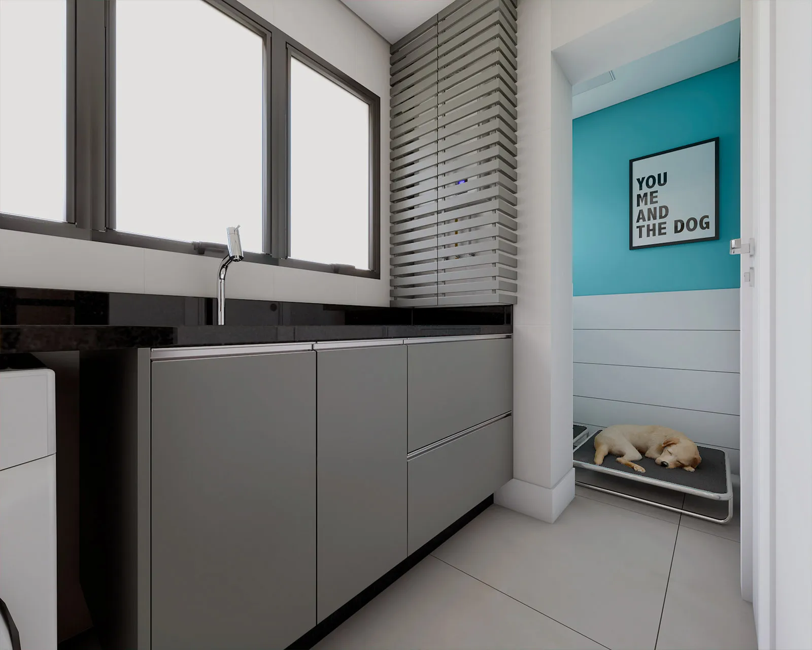 Área de serviço com marcenaria cinza e bancada de granito preto, nicho pet com parede turquesa, quadro e caminha com cachorro dormindo