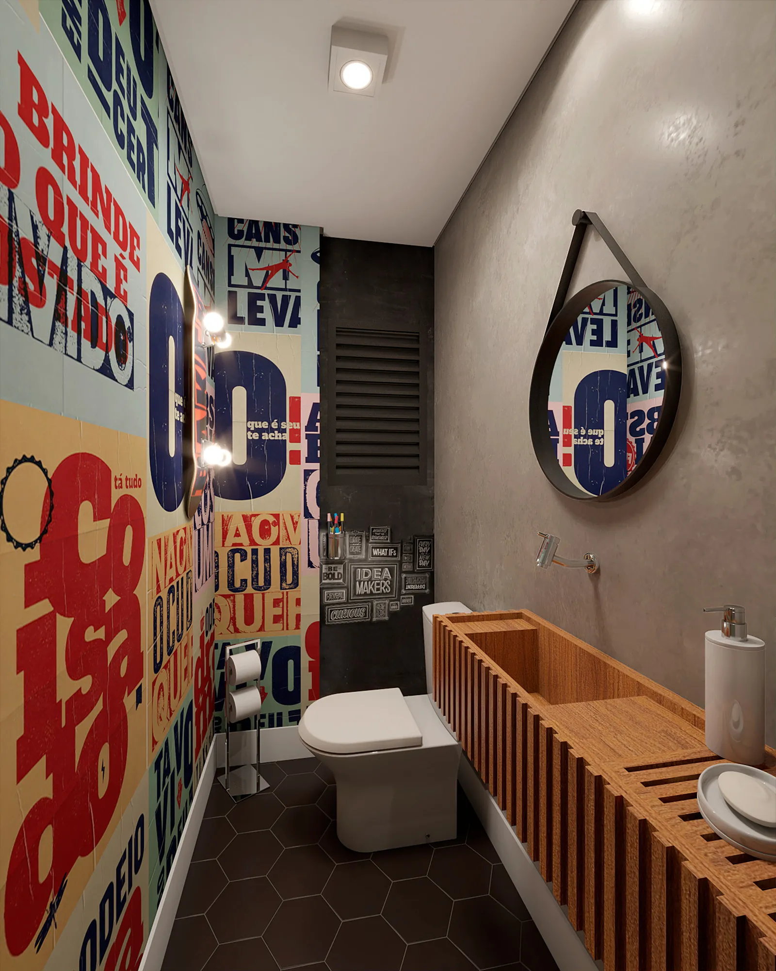 Lavabo com parede de azulejo tipográfico colorido, parede de cimento queimado, espelho redondo com alça, bancada ripada de madeira e piso hexagonal escuro
