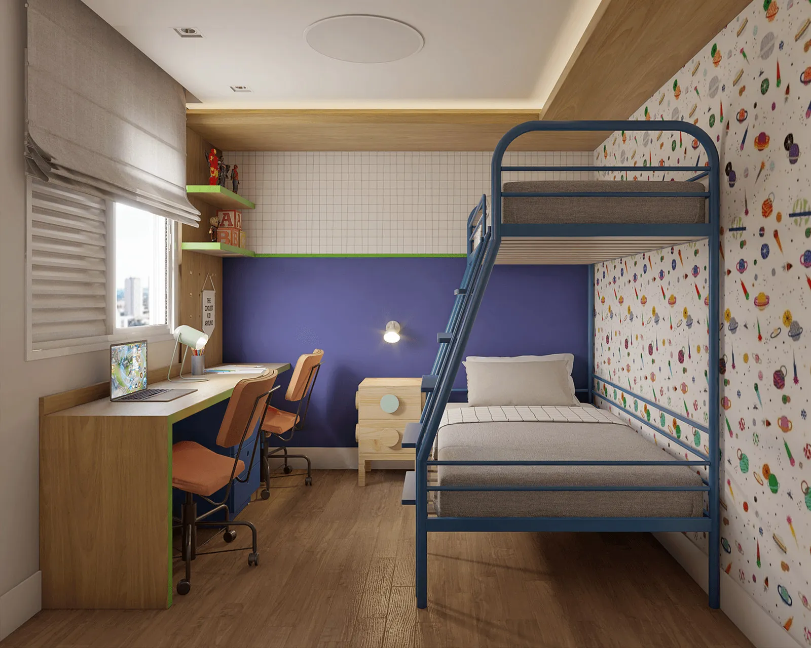 Quarto de duas crianças com beliche de metal azul, papel de parede de planetas, parede roxa, bancada de estudo e piso de madeira