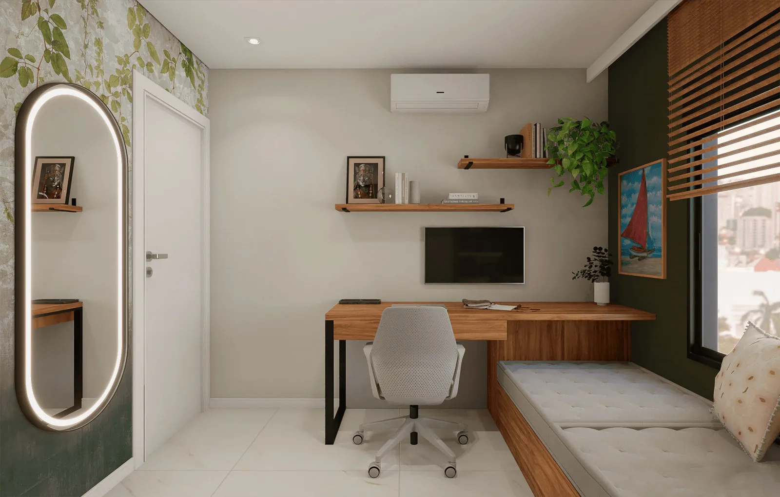 Home office com bancada de madeira, cadeira branca, prateleiras, espelho oval iluminado e parede verde com papel floral