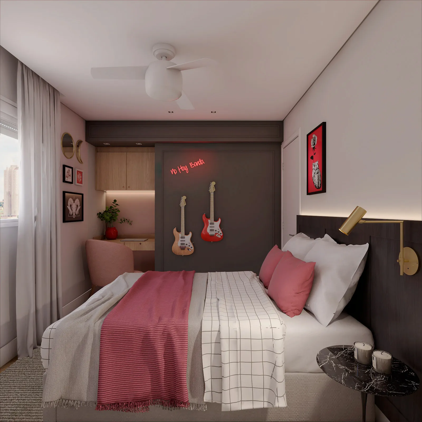 Quarto com painel preto, duas guitarras na parede e letreiro neon vermelho, cama de casal com roupa xadrez e manta vermelha