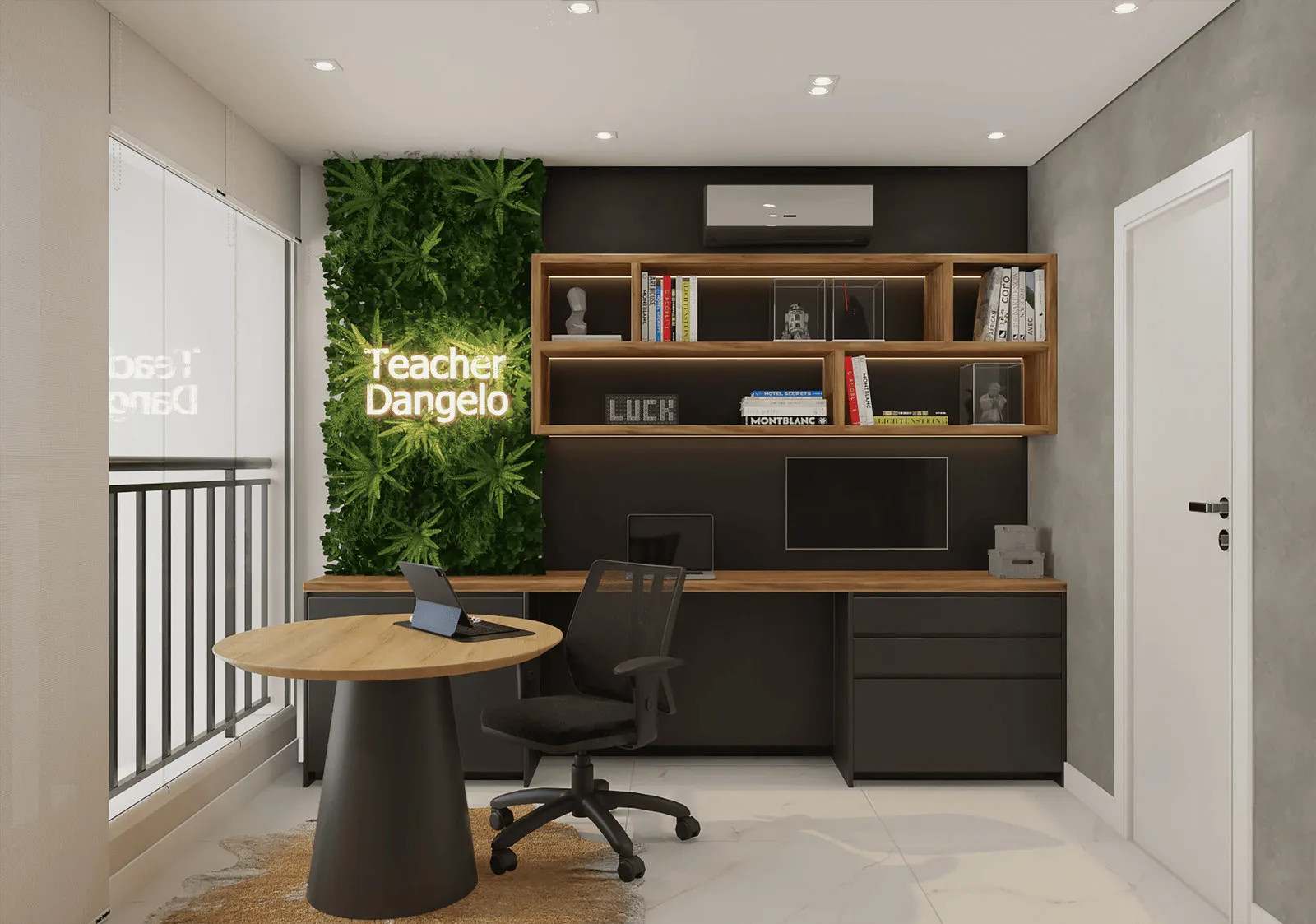 Escritório com parede verde de plantas e letreiro neon, estante de madeira com livros e mesa redonda de madeira