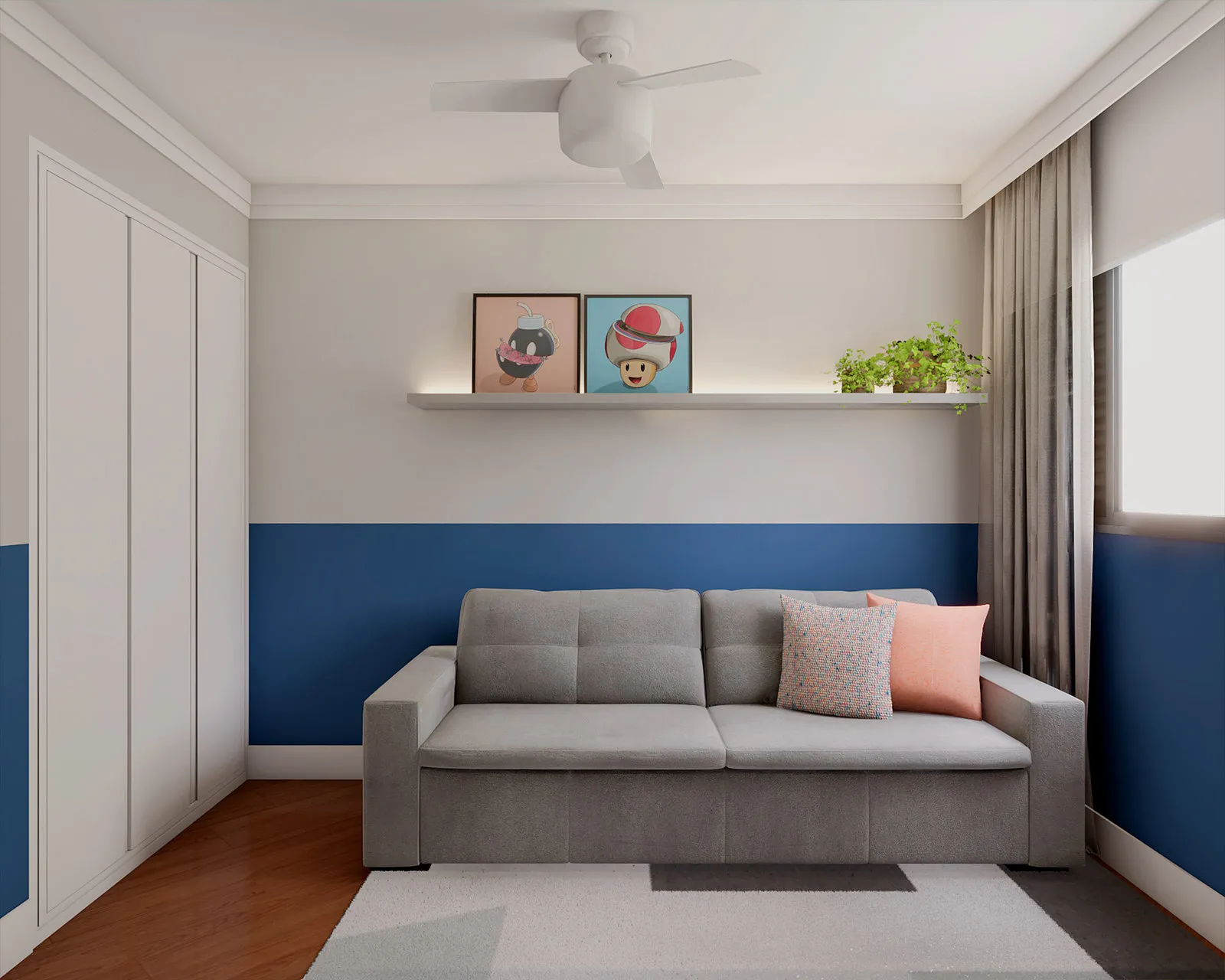Quarto com parede bicolor cinza e azul, prateleira com quadros pop e plantas, sofá-cama cinza com almofada rosa e guarda-roupa branco