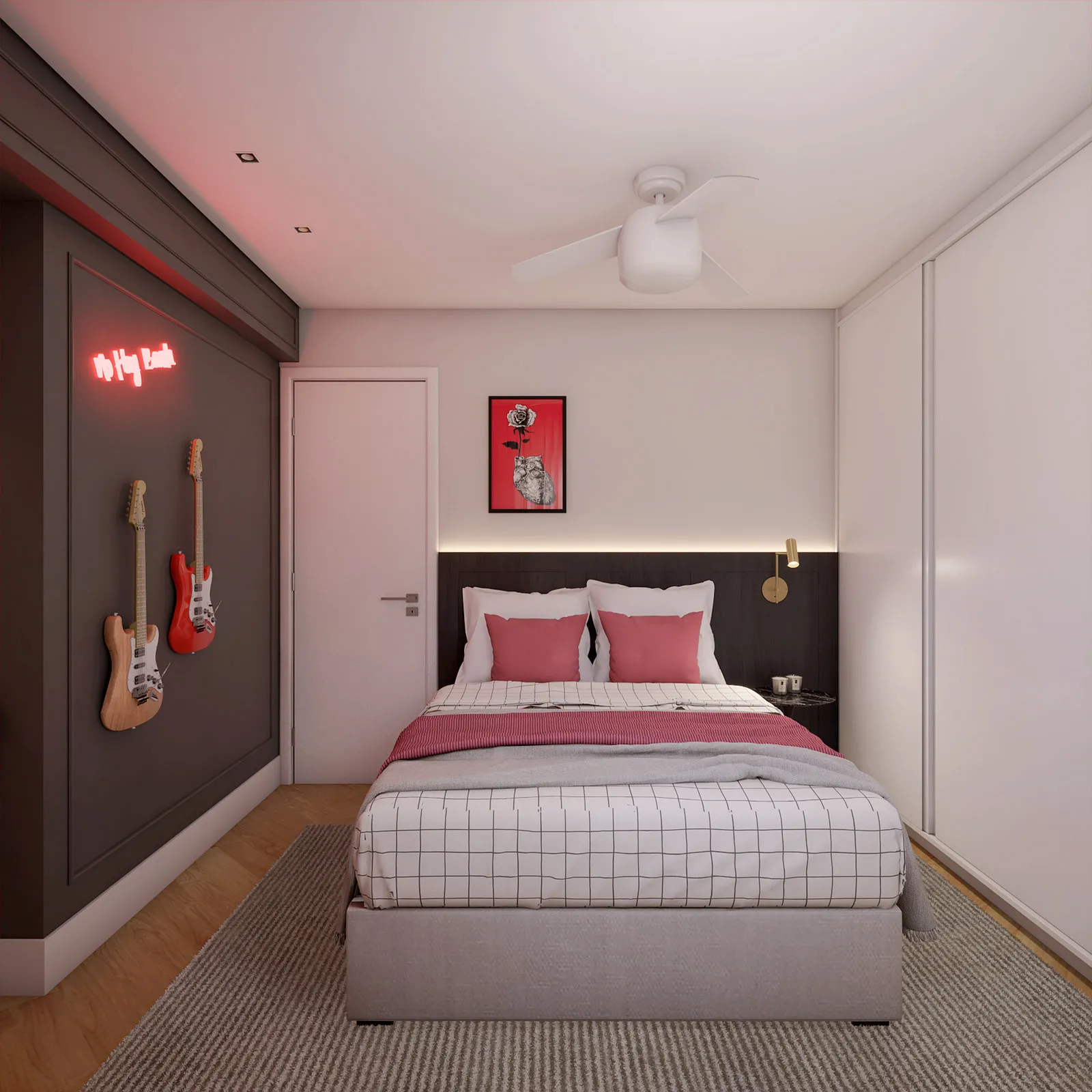 Quarto com painel preto e guitarras, quadro da rosa em fundo vermelho, cama de casal com almofadas rosa e guarda-roupa branco