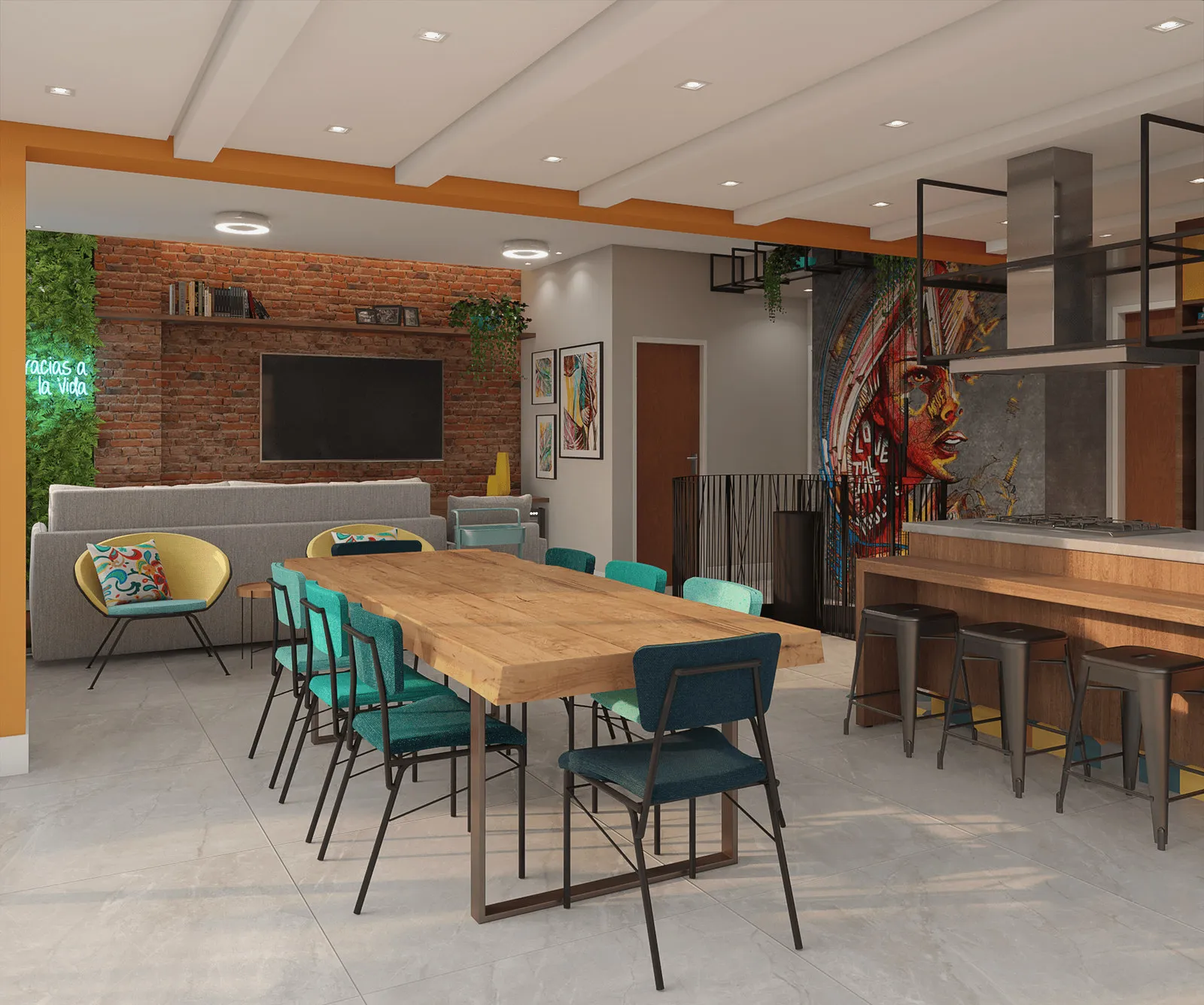 Sala de estar e jantar com parede de tijolo aparente, mesa de madeira maciça, cadeiras verdes e mural grafitado