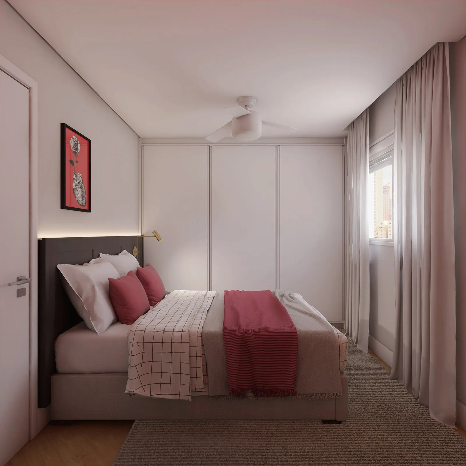 Quarto de casal com cabeceira preta, quadro da rosa em fundo vermelho, guarda-roupa branco de correr, cortina e tapete bege