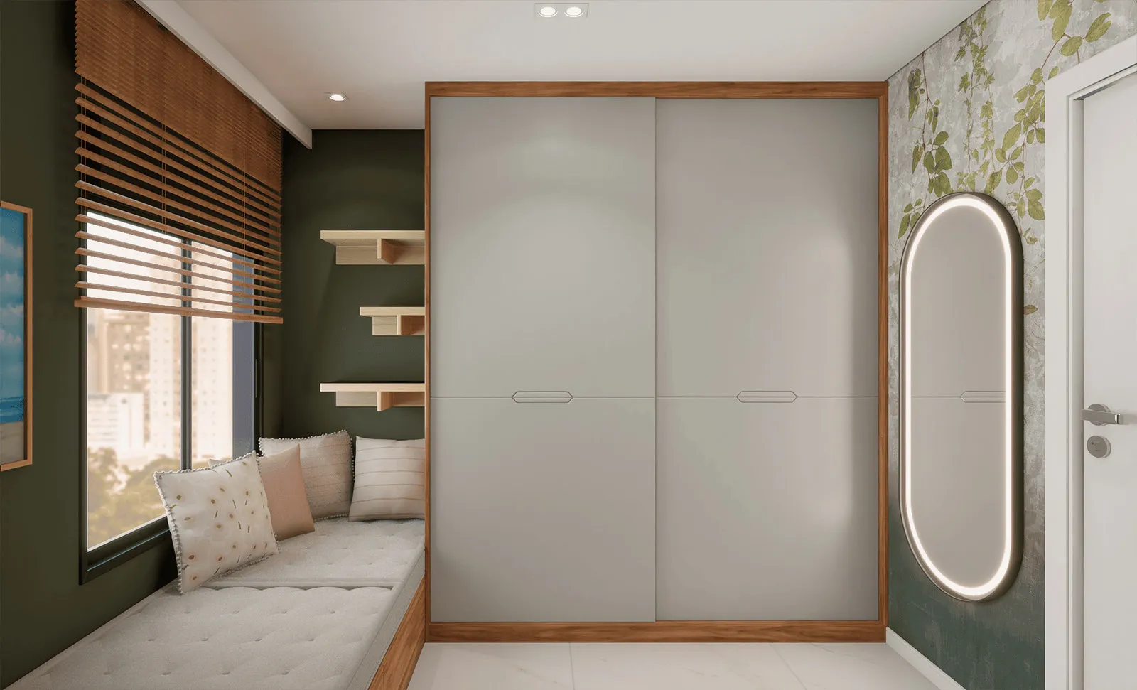 Quarto com guarda-roupa de portas de correr, banco sob a janela com almofadas, persiana de madeira e espelho oval iluminado