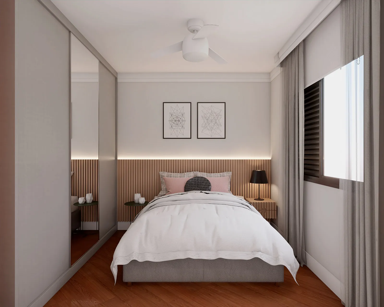 Suíte com cabeceira ripada de madeira e luz embutida, cama branca, quadros geométricos, guarda-roupa espelhado e abajur preto