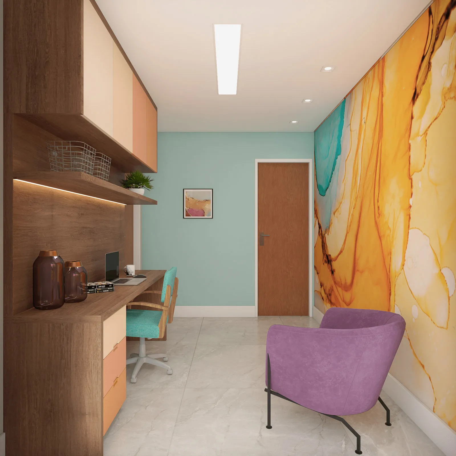 Home office com bancada de madeira, cadeira verde-água, poltrona lilás e parede com mural laranja marmorizado