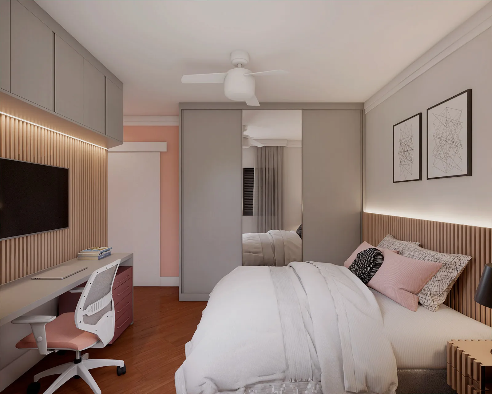 Quarto com bancada de estudo em painel ripado, gaveteiro rosa, guarda-roupa espelhado, cama com almofadas rosa e quadros geométricos