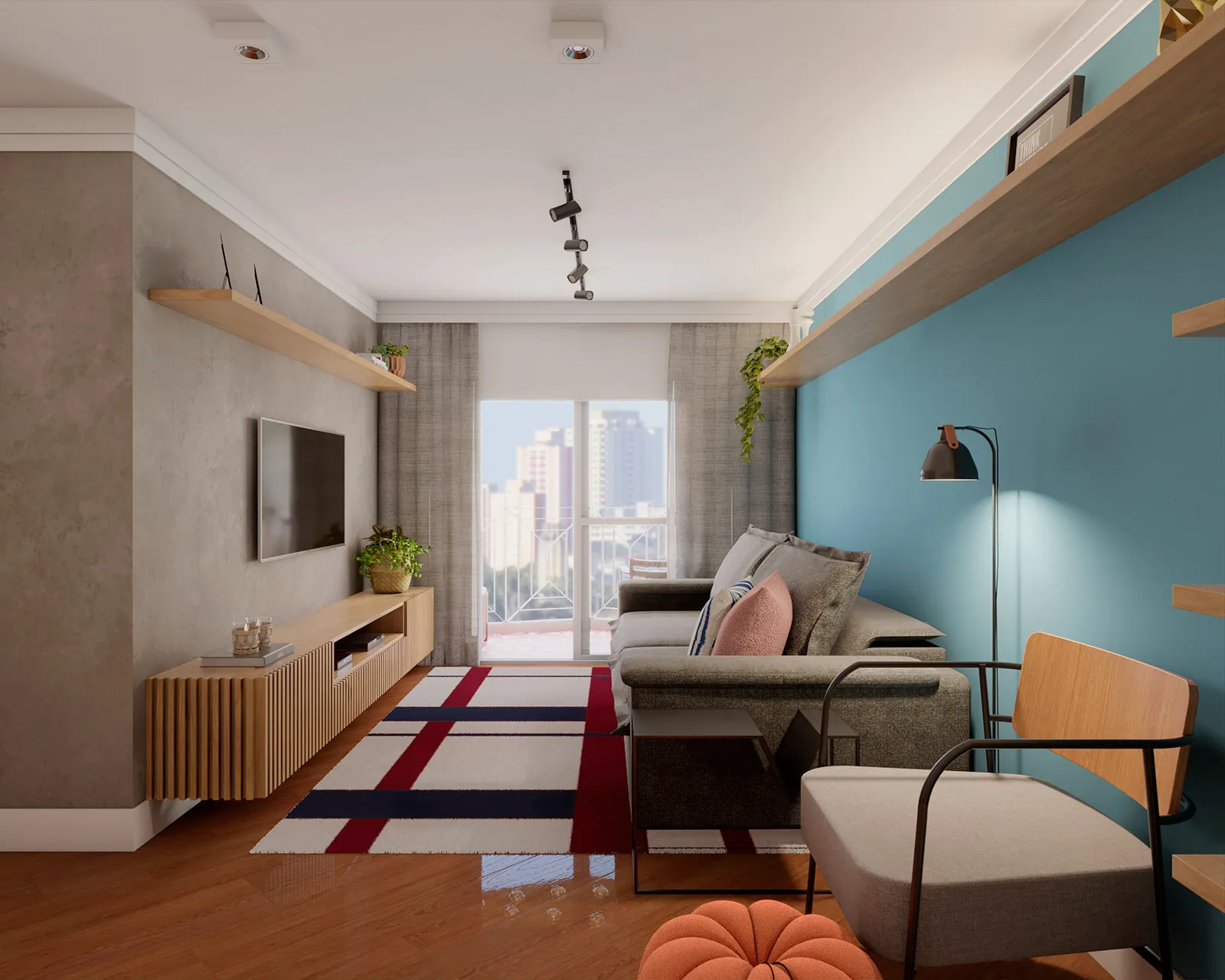 Sala de estar com painel de TV cinza texturizado, marcenaria ripada de madeira, parede azul-petróleo, sofá cinza e tapete xadrez vermelho e azul