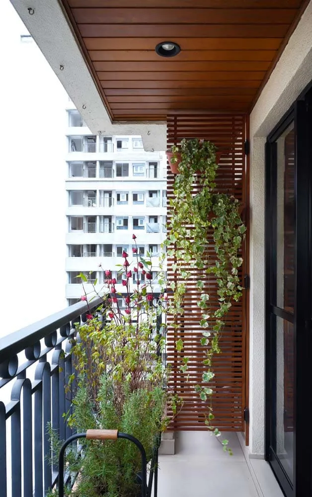 Varanda com treliça de madeira coberta de plantas pendentes, floreira e guarda-corpo de ferro diante do prédio vizinho