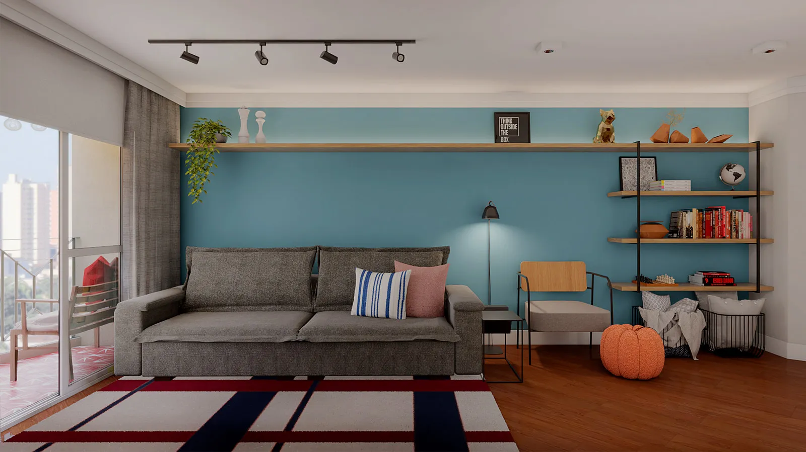 Sala de estar com parede azul-petróleo, prateleira de madeira, sofá cinza, estante de livros e pufe laranja, com varanda à esquerda