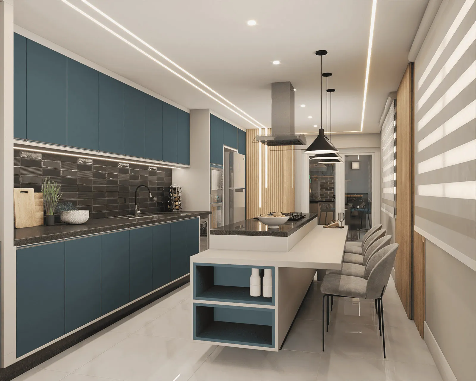 Cozinha com marcenaria azul petróleo, revestimento preto tipo tijolinho, bancada de granito e ilha central com cooktop e coifa
