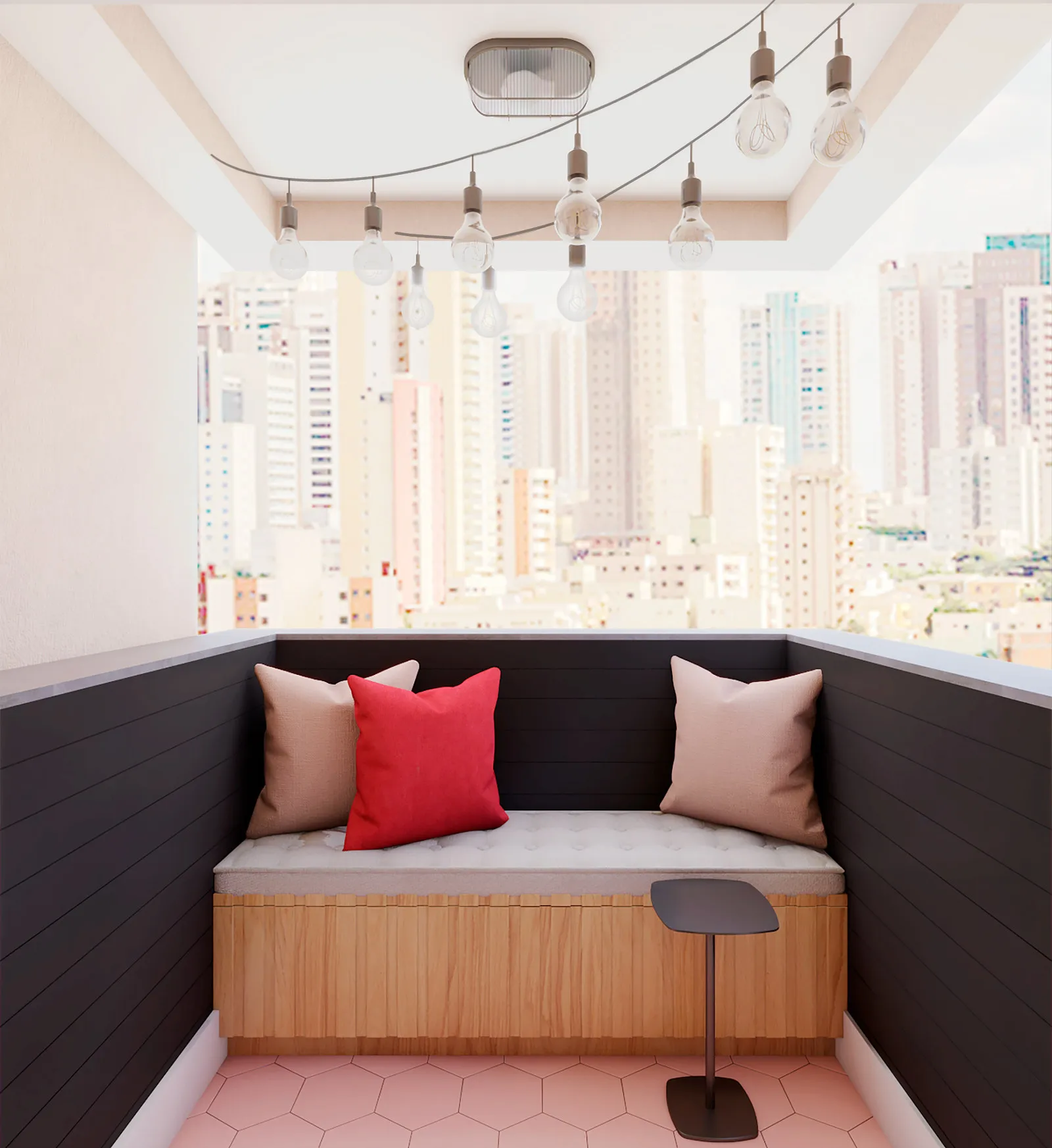 Varanda com banco de madeira e almofadas rosa e vermelha, piso hexagonal rosa, cordão de lâmpadas e vista da cidade