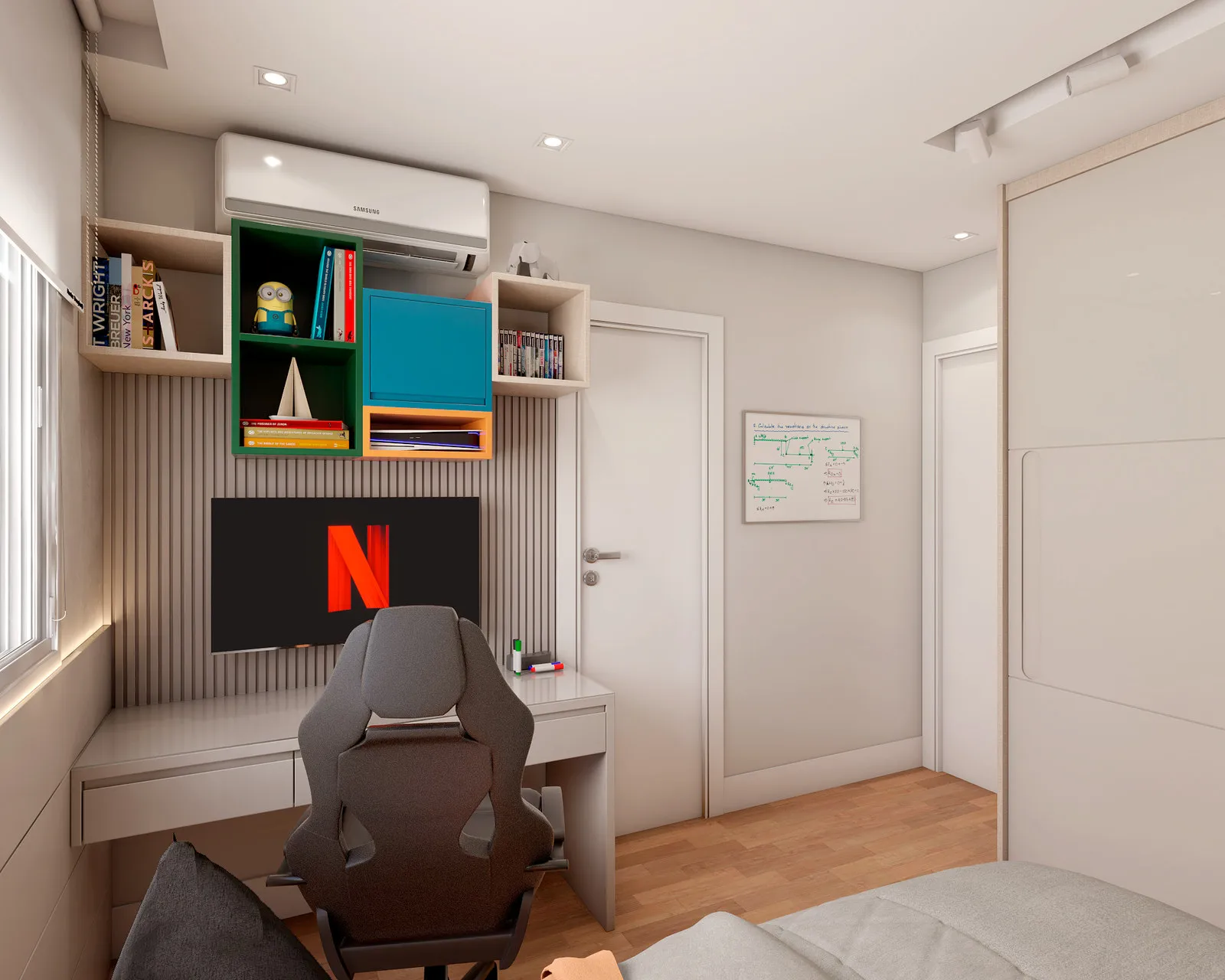 Bancada de estudo com painel ripado e TV, nichos suspensos verde, azul e laranja com livros e brinquedos, cadeira gamer, ar-condicionado e quadro branco na parede