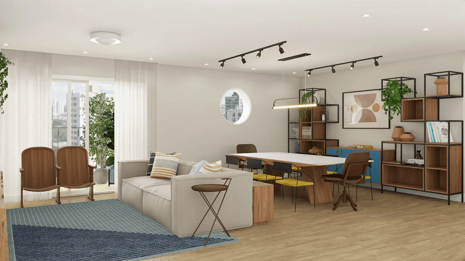Living com sofá bege, poltronas de madeira, tapete azul e estantes vazadas de metal e madeira ao lado da mesa