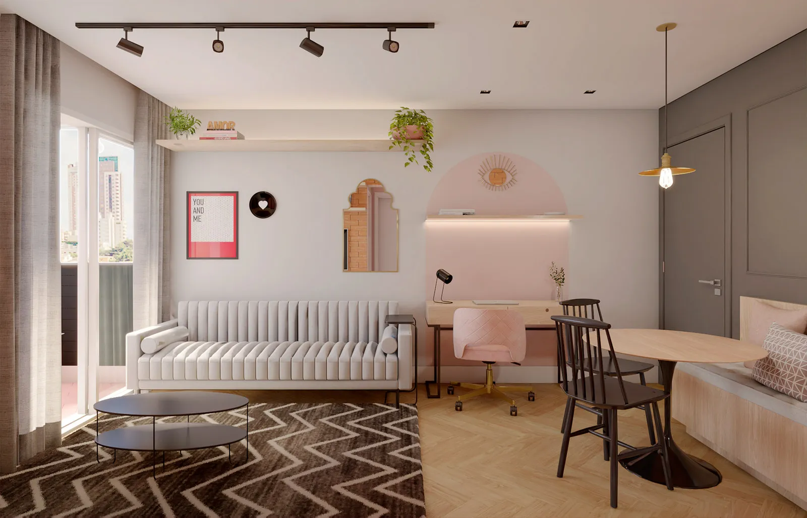 Sala integrada com sofá bege canelado, mesa de centro redonda preta, nicho rosa com escrivaninha e cadeira rosa, mesa de refeições