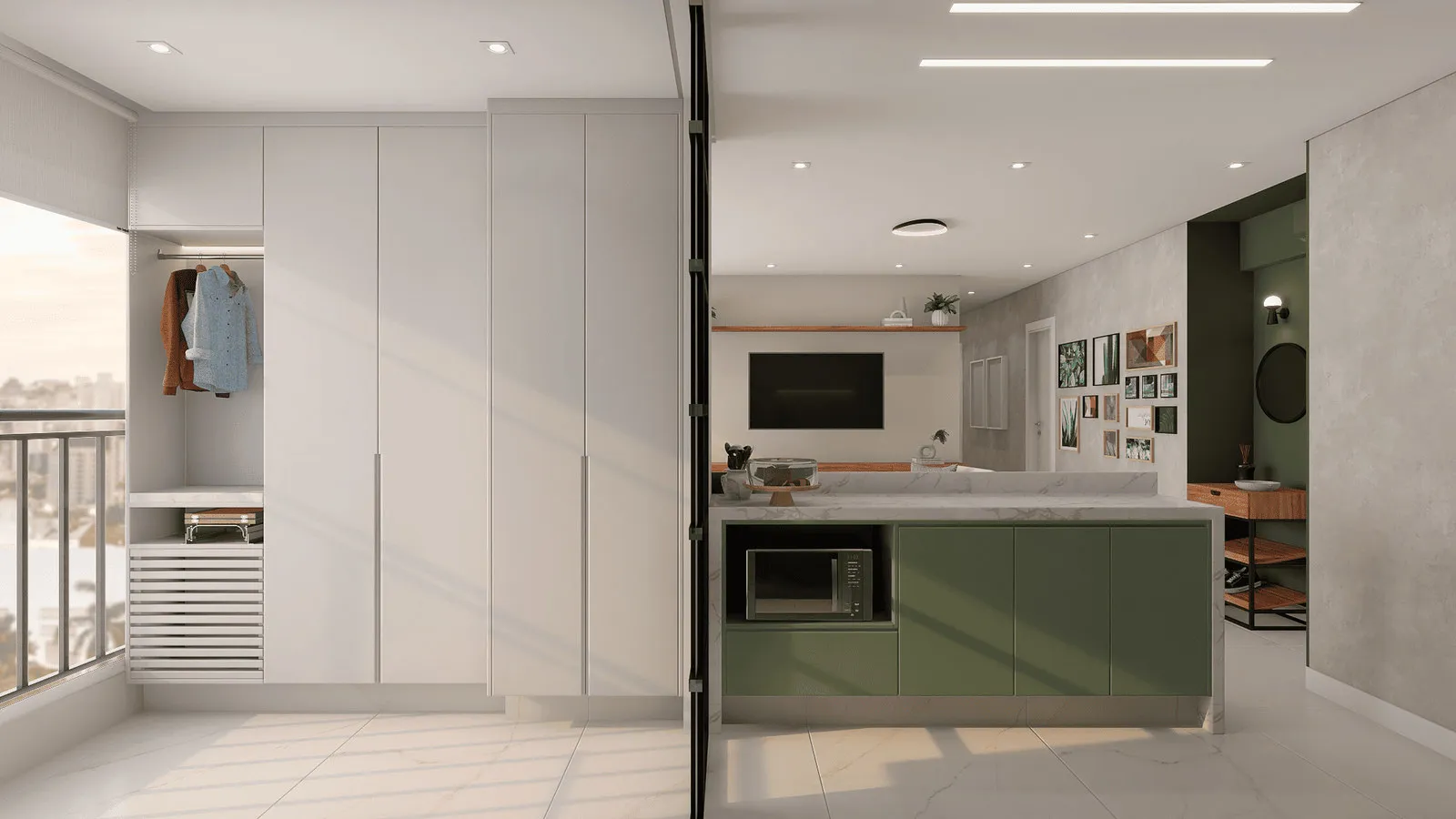 Guarda-roupa branco aberto ao lado da ilha de cozinha verde com micro-ondas e vista para a sala