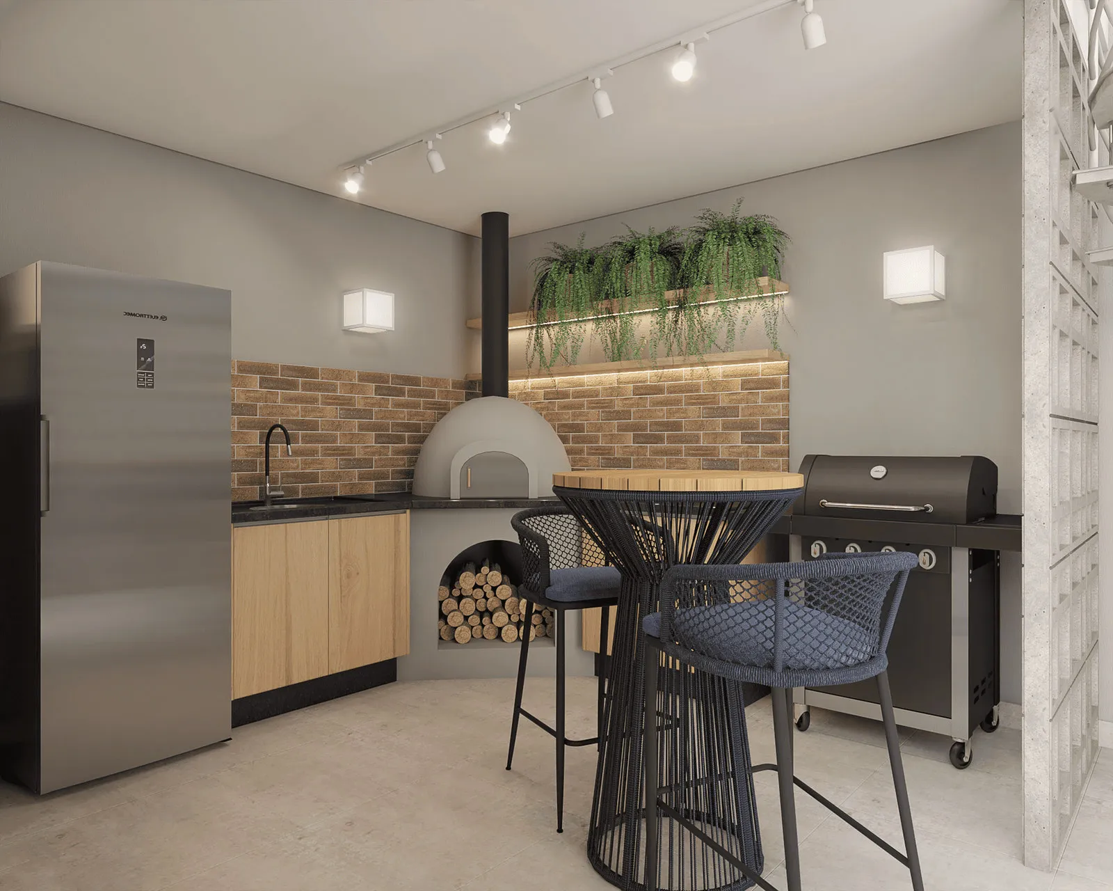 Espaço gourmet com forno de pizza, geladeira inox, parede de tijolinho, churrasqueira e banquetas azuis de fibra
