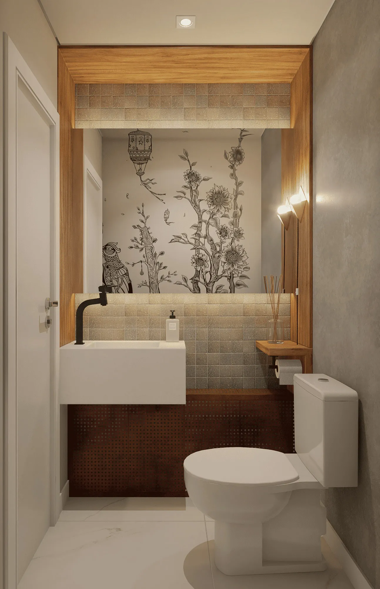 Lavabo com cuba branca, torneira preta, papel de parede floral e revestimento de pastilhas com moldura de madeira