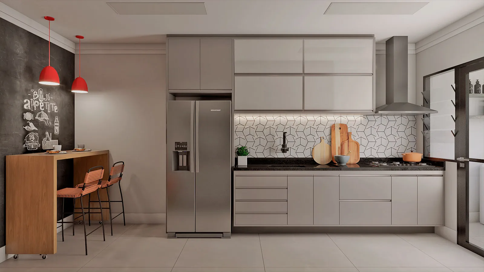 Cozinha com marcenaria cinza, geladeira inox, bancada de granito preto, azulejo geométrico, pendentes vermelhos e bancada de madeira com banquetas