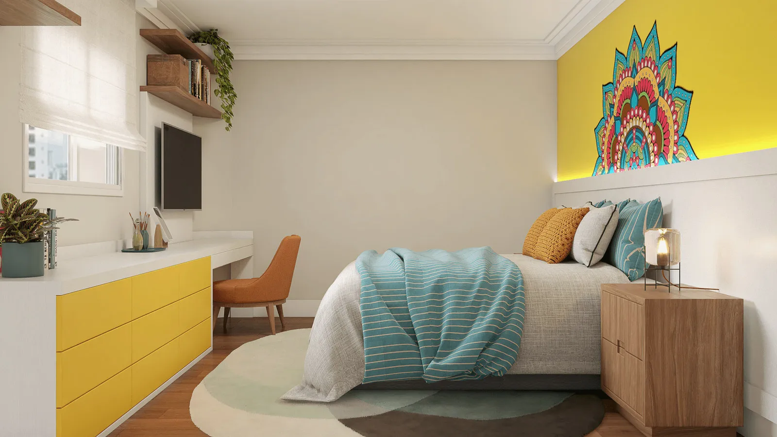 Quarto com bancada branca e gaveteiro amarelo, TV, mandala colorida na parede amarela e cama com almofadas turquesa