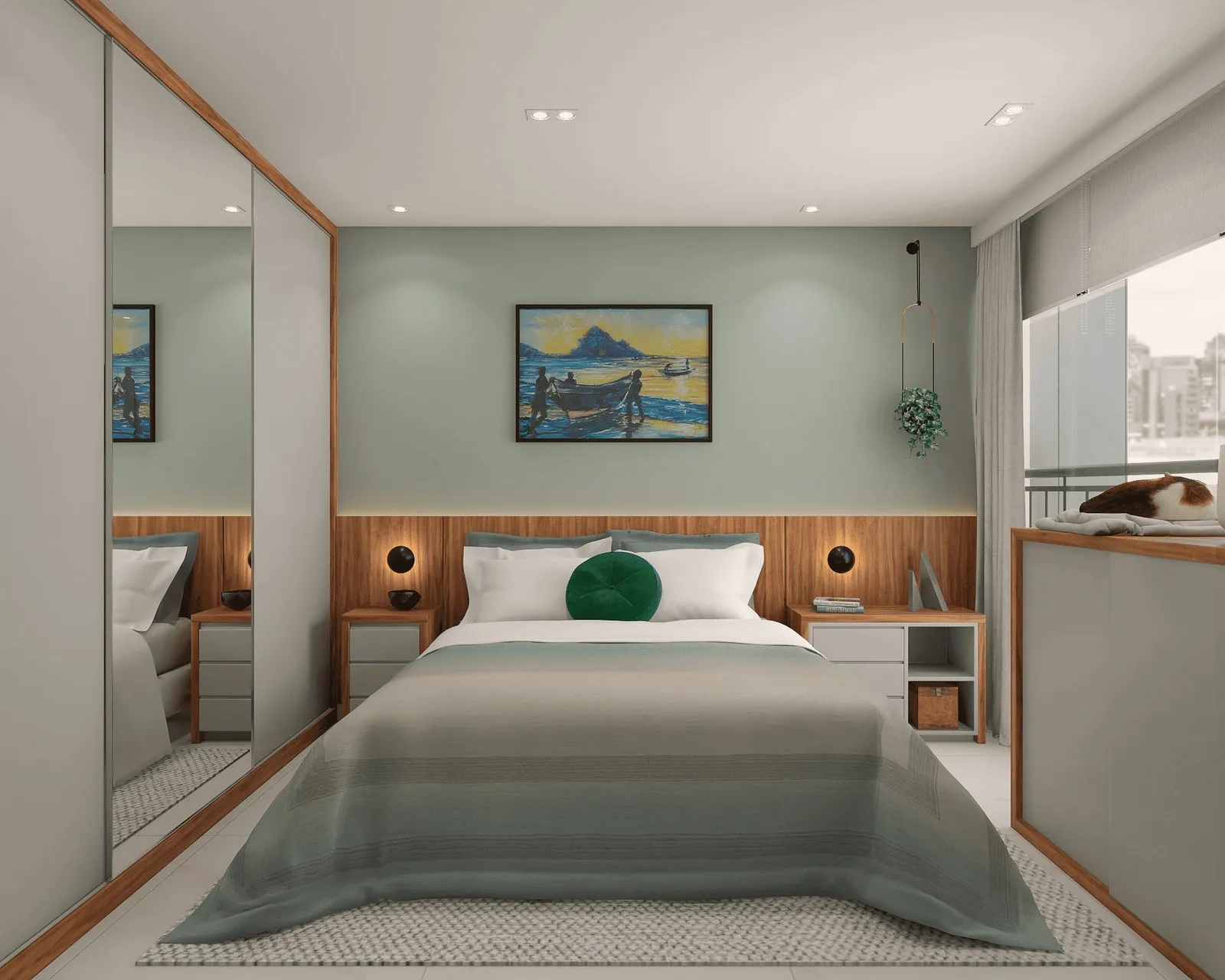 Quarto com cabeceira de madeira, roupa de cama em tons de verde, guarda-roupa espelhado e quadro de barco na parede