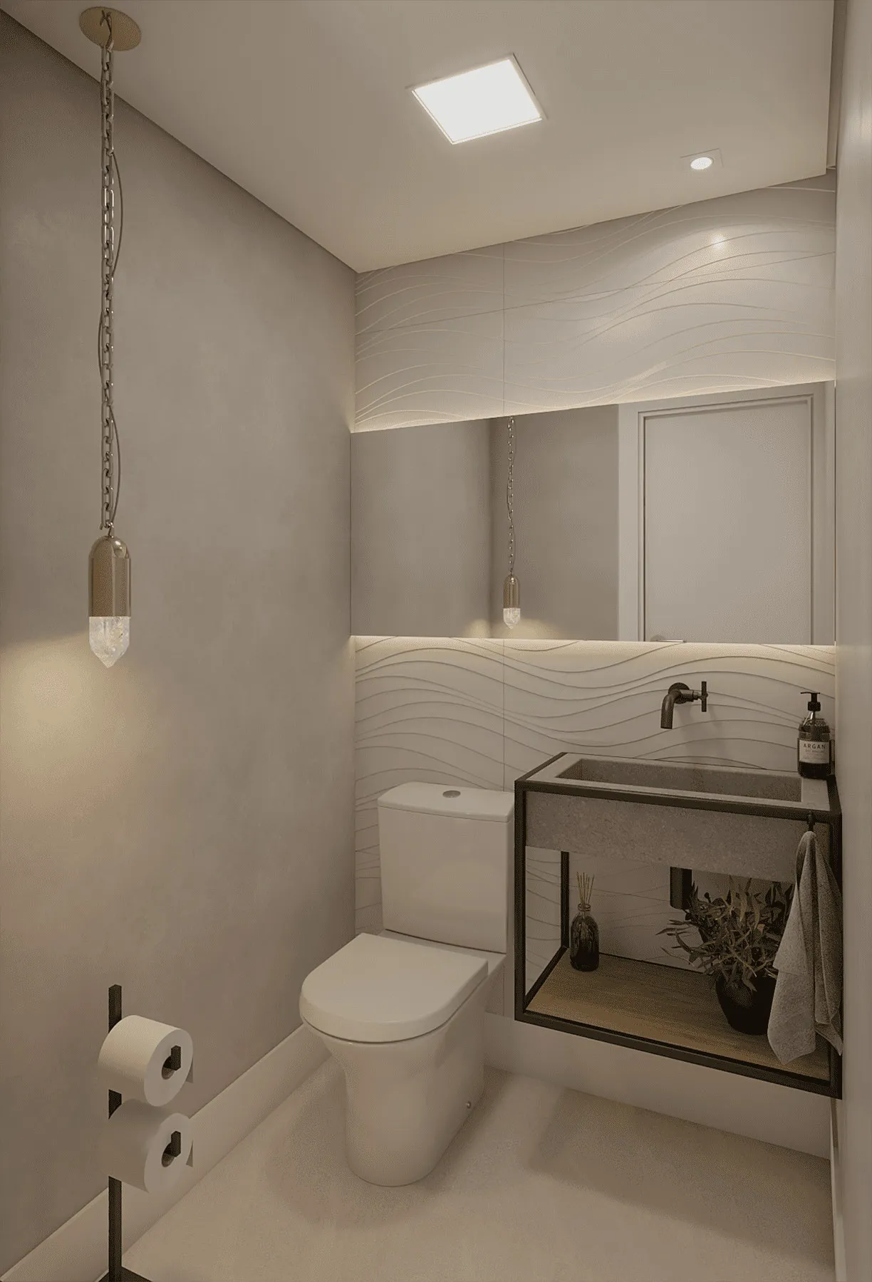 Lavabo com parede de cimento queimado, revestimento ondulado branco, cuba de pedra em nicho de metal preto e pendente de cristal